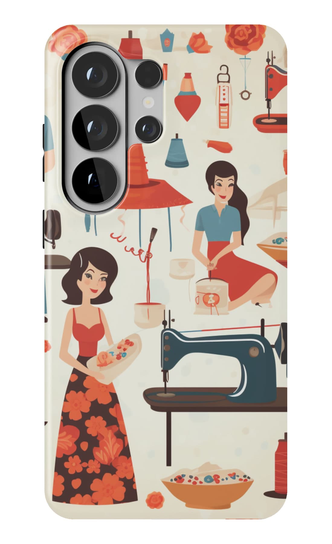 A seamstress at her machine, repeating. Shown on a Galaxy.