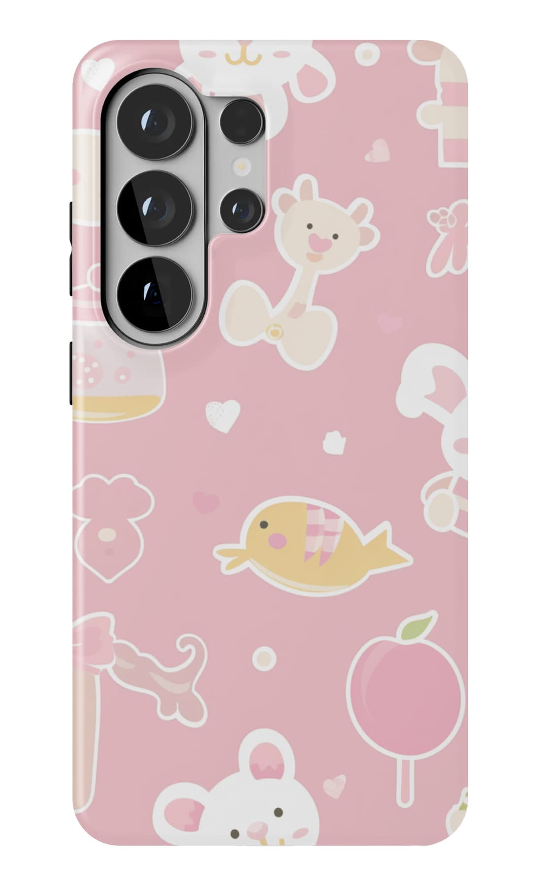 Bottles, rattles and ribbon on pink. Shown on a Galaxy.