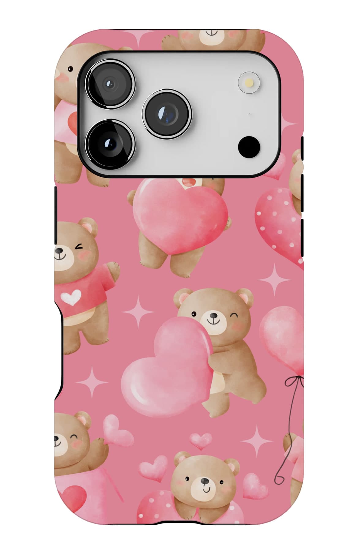 Bears, balloons and hearts on pink. Shown on an iPhone.