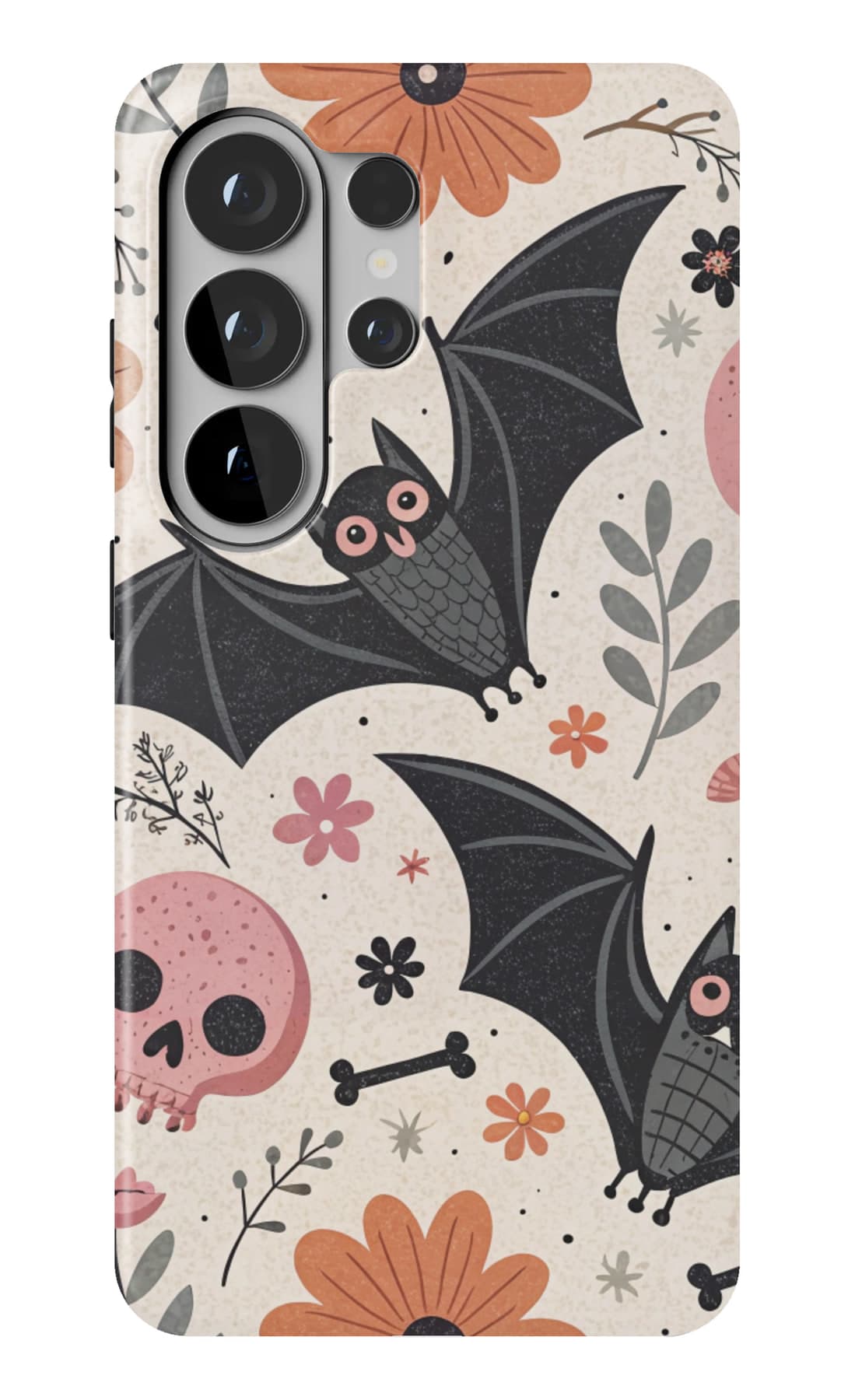 Bats, skulls and flowers on cream. Shown on a Galaxy.