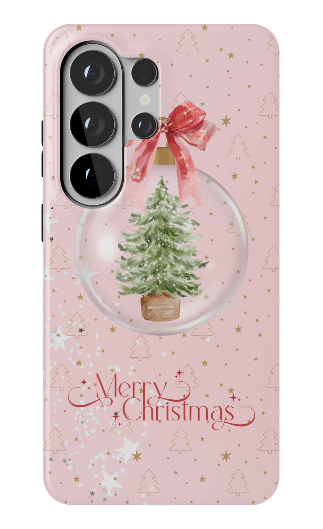 A glass bauble with a little fir inside, on blush pink. Shown on a Galaxy.