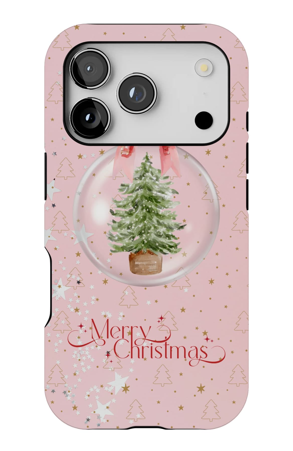 A glass bauble with a little fir inside, on blush pink. Shown on an iPhone.