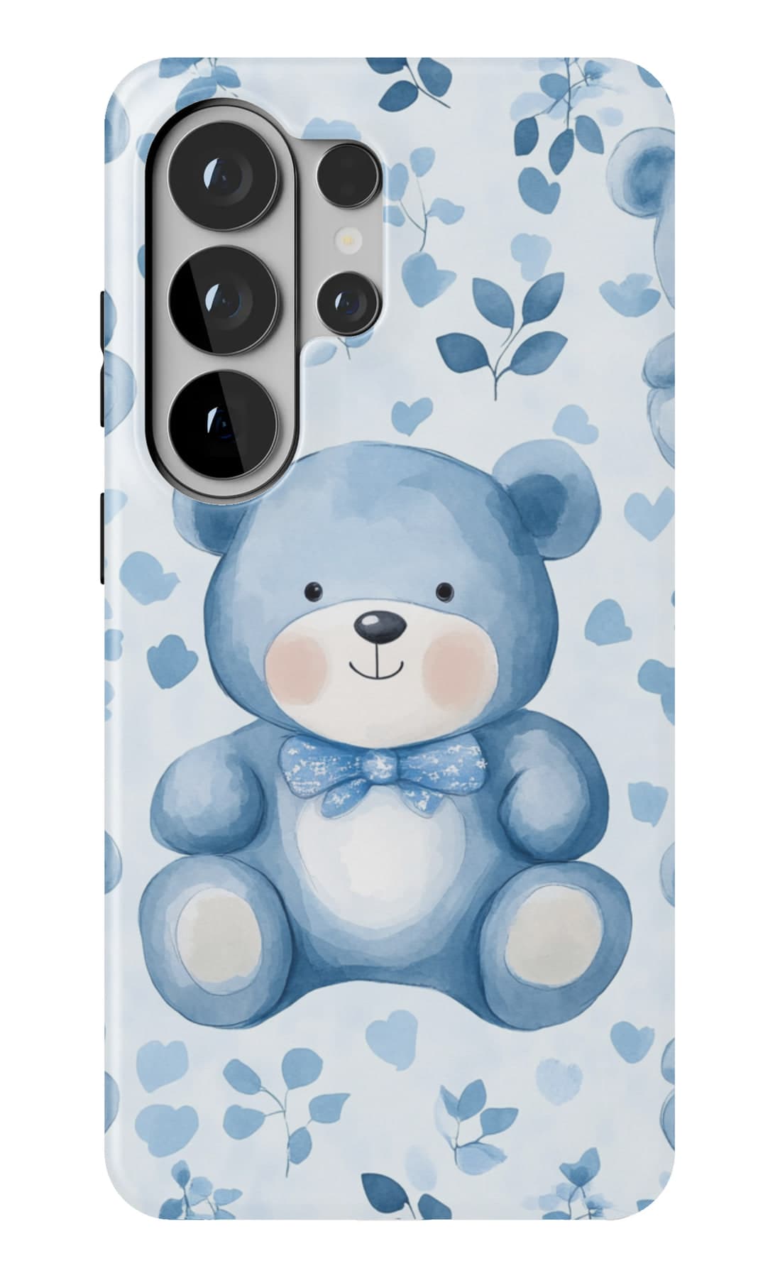 One blue teddy among painted blue flowers. Shown on a Galaxy.