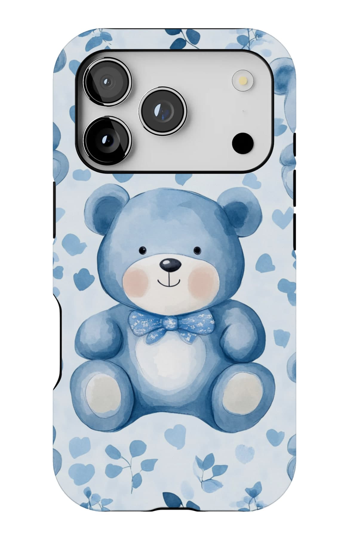 One blue teddy among painted blue flowers. Shown on an iPhone.