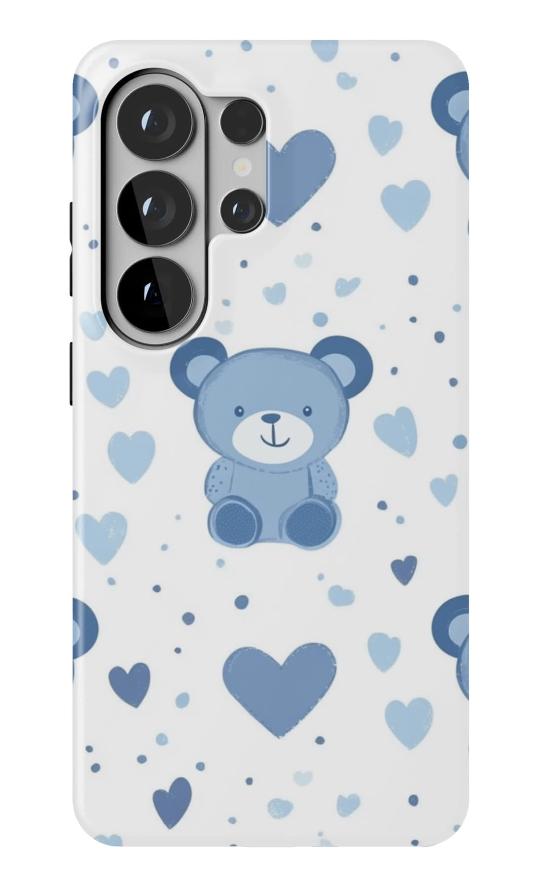 Blue teddies and hearts on white. Shown on a Galaxy.