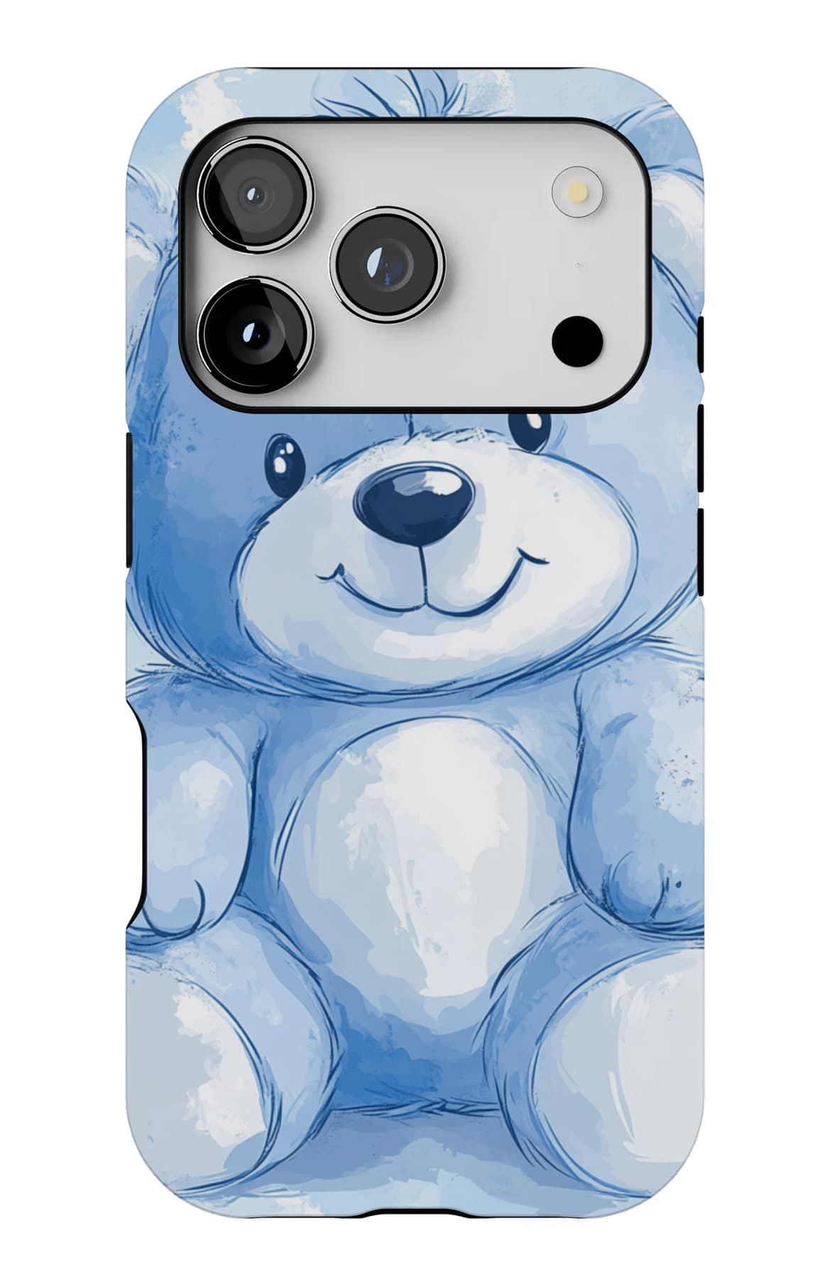 One painted blue teddy, close up. Shown on an iPhone.