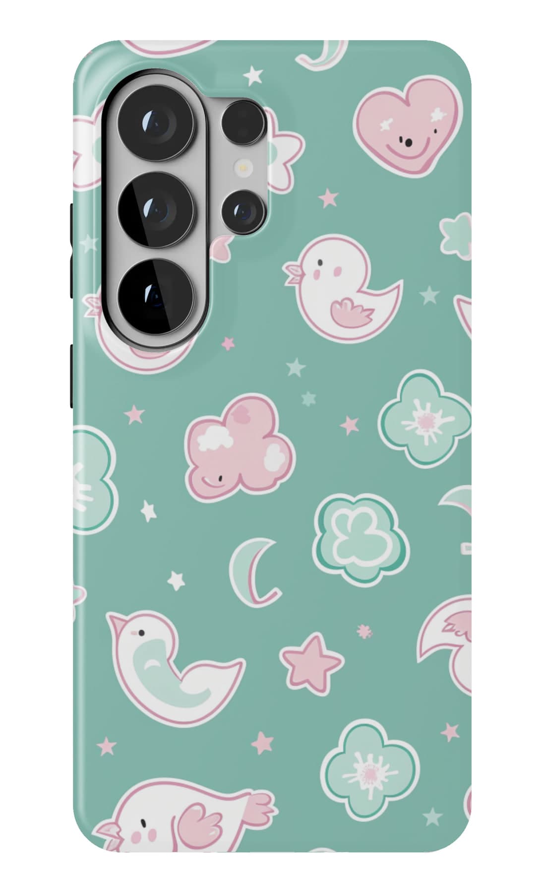 Birds, moons and flowers on mint. Shown on a Galaxy.