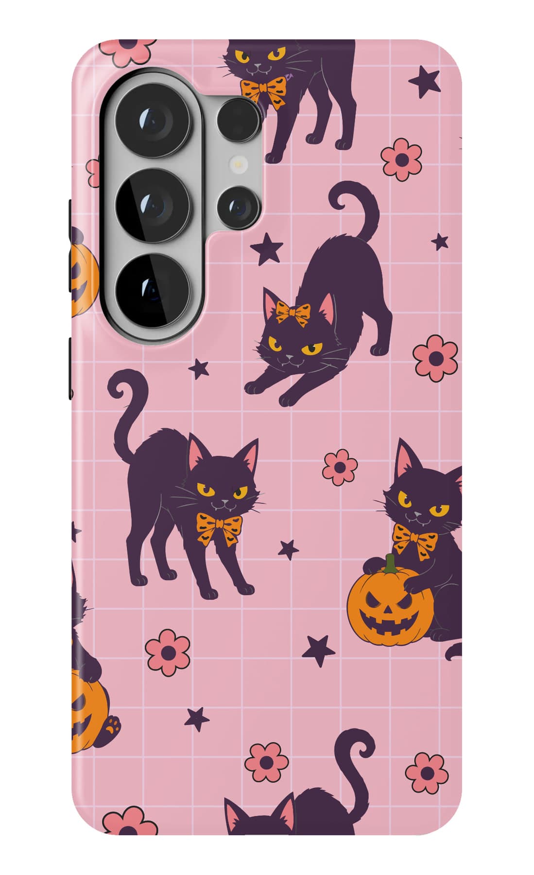 Black cats and pumpkins on pink. Shown on a Galaxy.