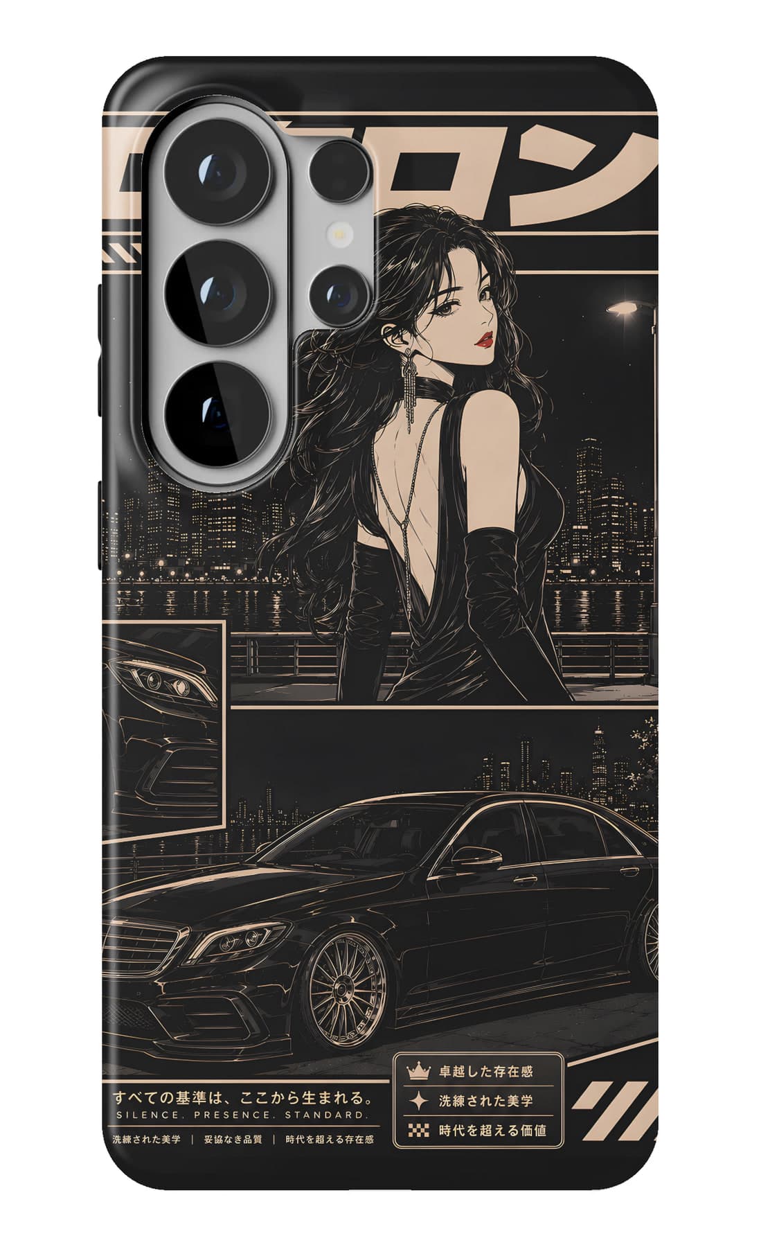 A black saloon, all in monochrome. Shown on a Galaxy.