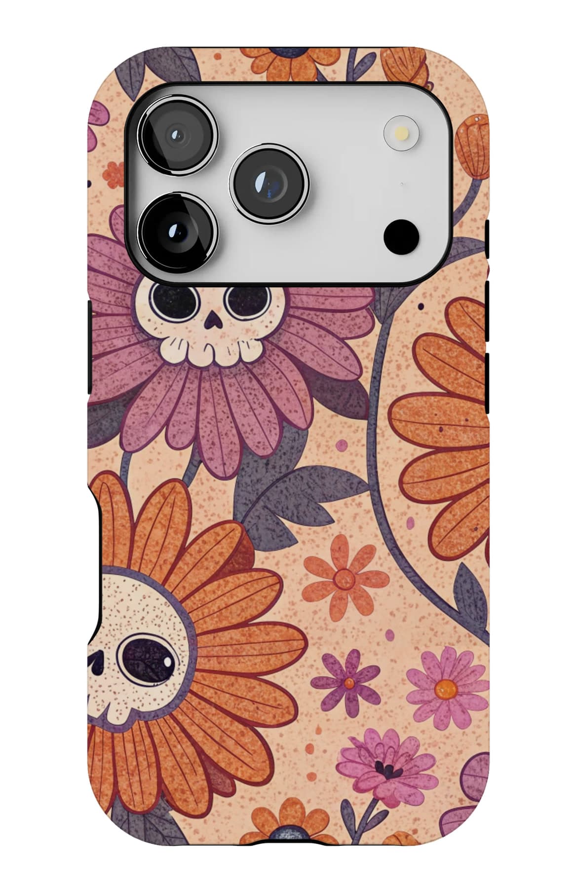 A skull wreathed in autumn flowers. Shown on an iPhone.