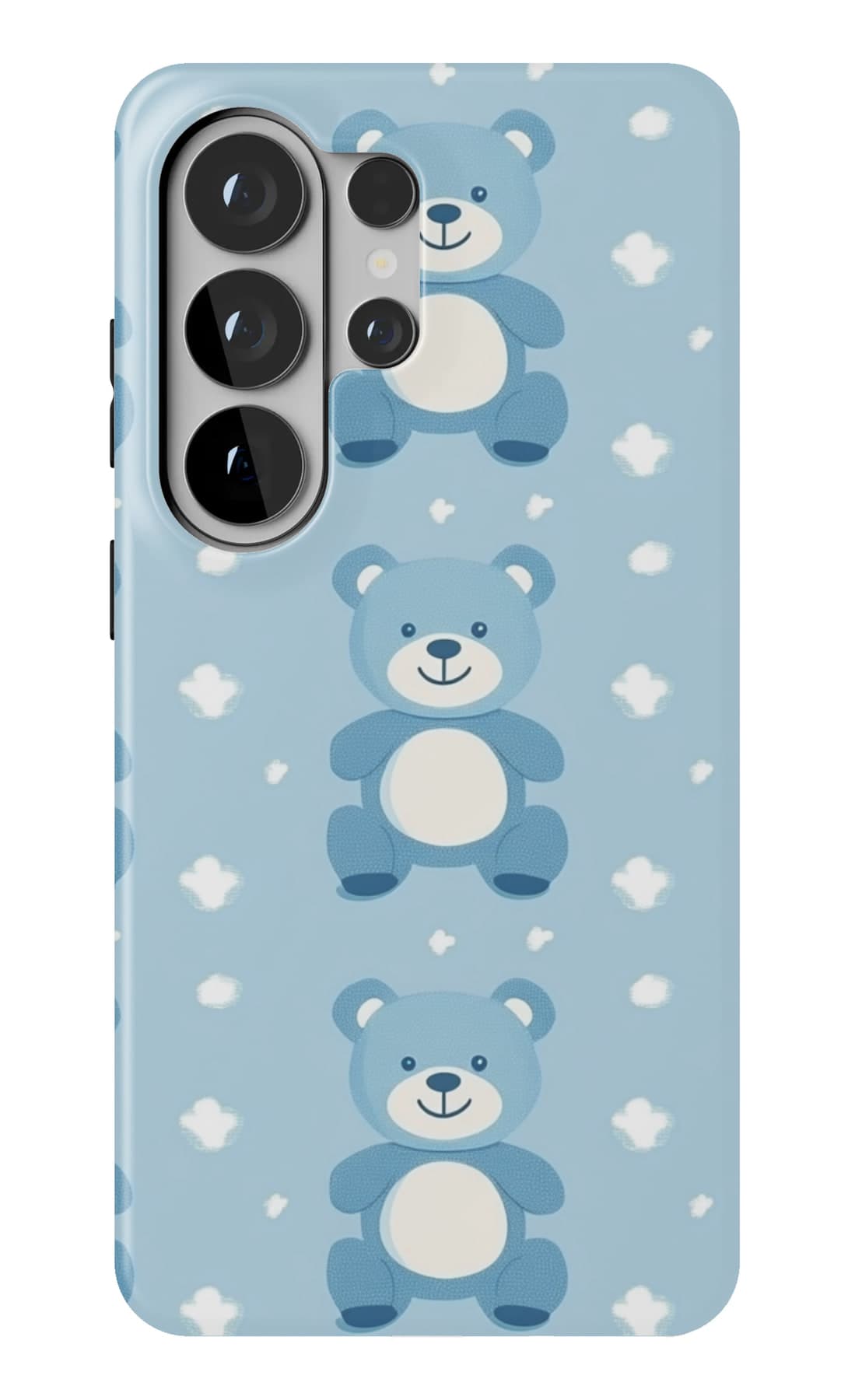 Blue teddies in rows on spotted pale blue. Shown on a Galaxy.