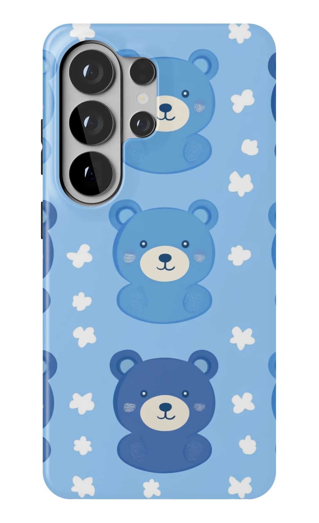 Blue teddies lined up on blue. Shown on a Galaxy.