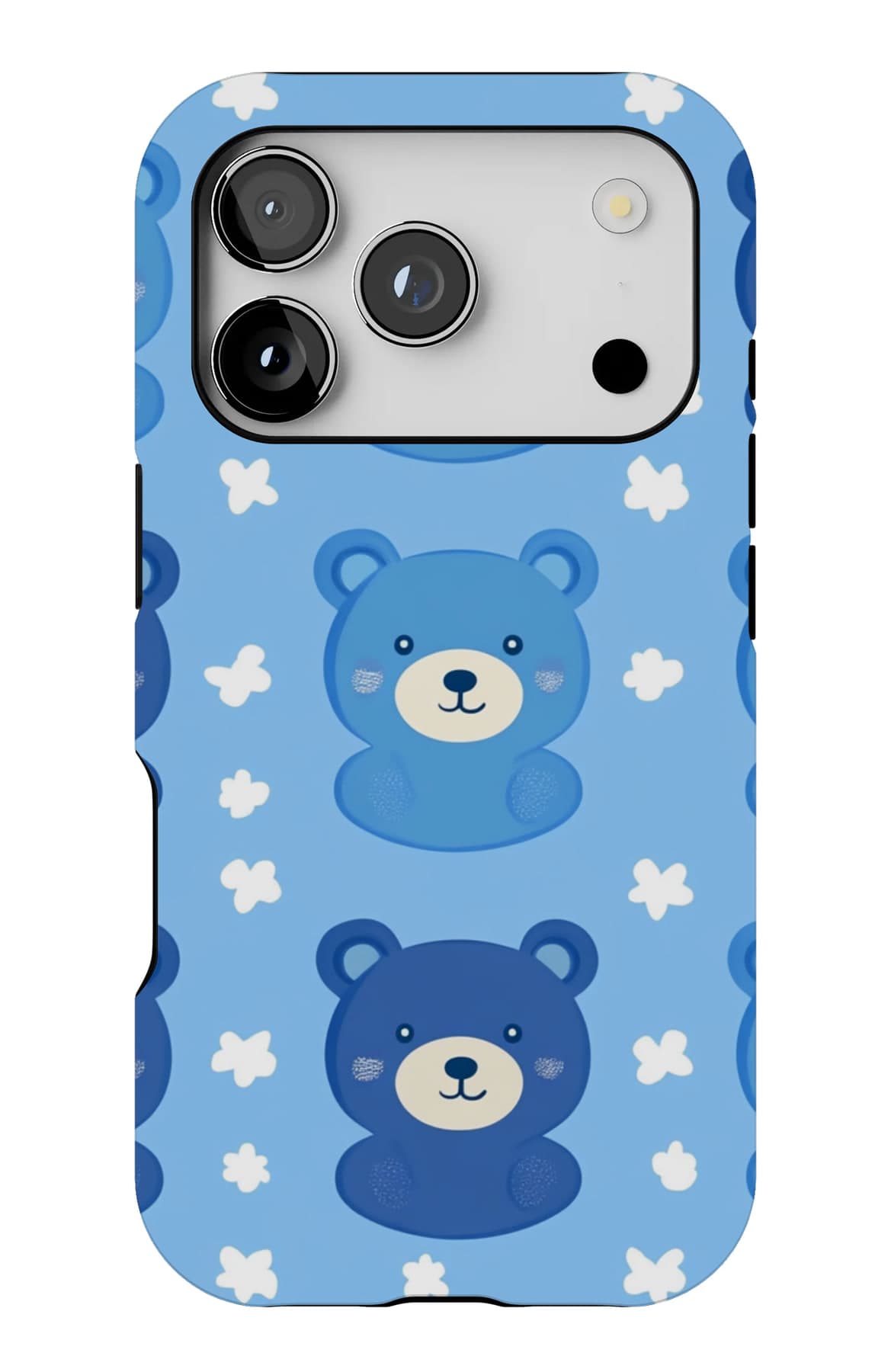 Blue teddies lined up on blue. Shown on an iPhone.