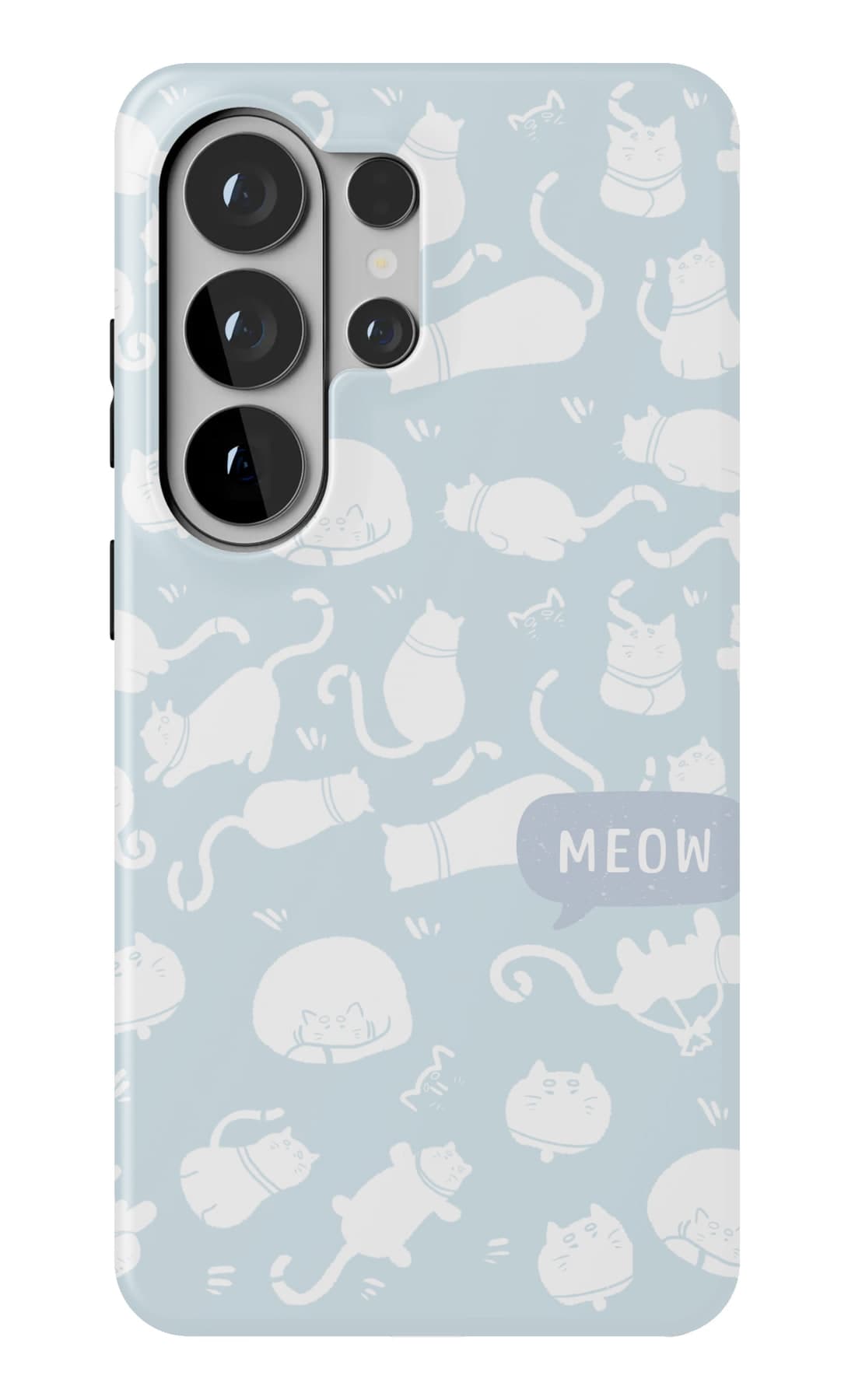 White cat outlines drifting over pale blue. Shown on a Galaxy.