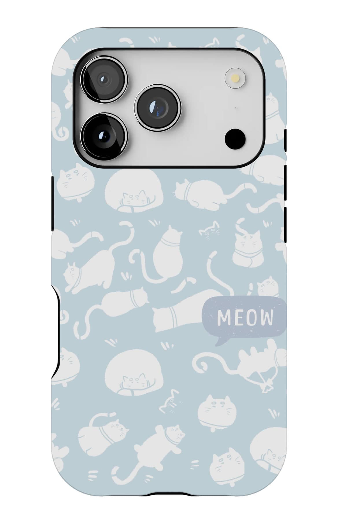 White cat outlines drifting over pale blue. Shown on an iPhone.
