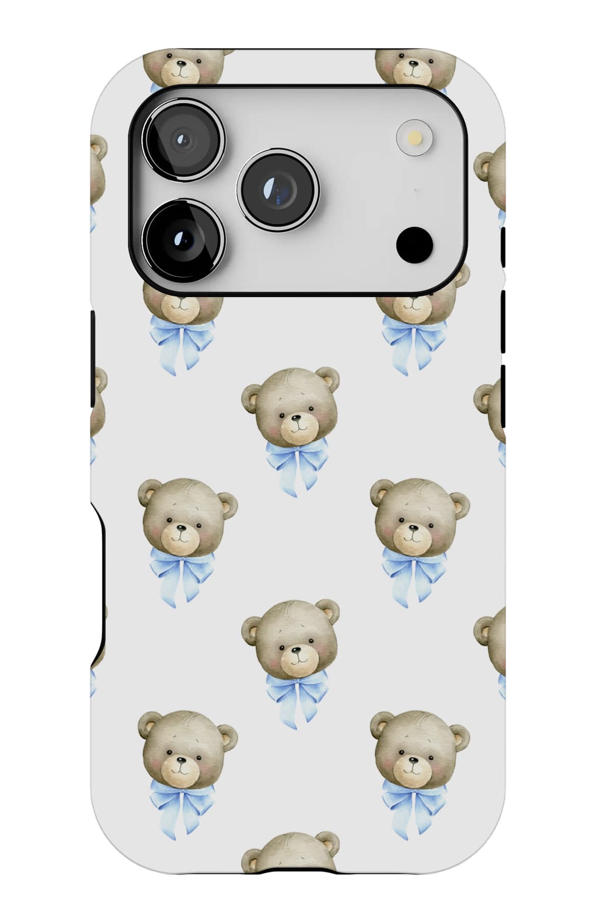 Bears in blue ribbon on white. Shown on an iPhone.