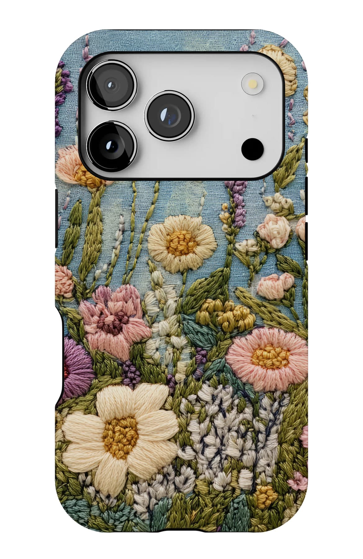 Bluebells and cornflowers in close stitch. Shown on an iPhone.