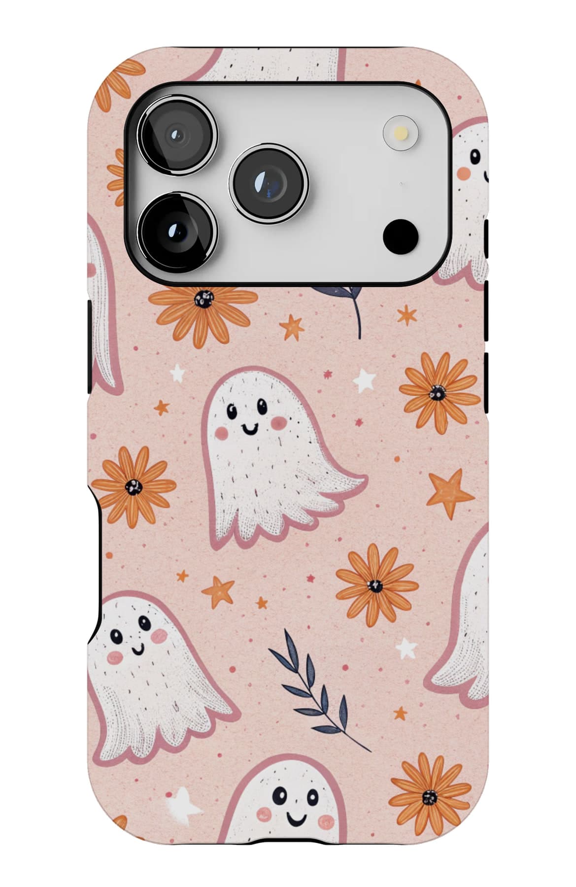 White ghosts and small flowers on blush. Shown on an iPhone.
