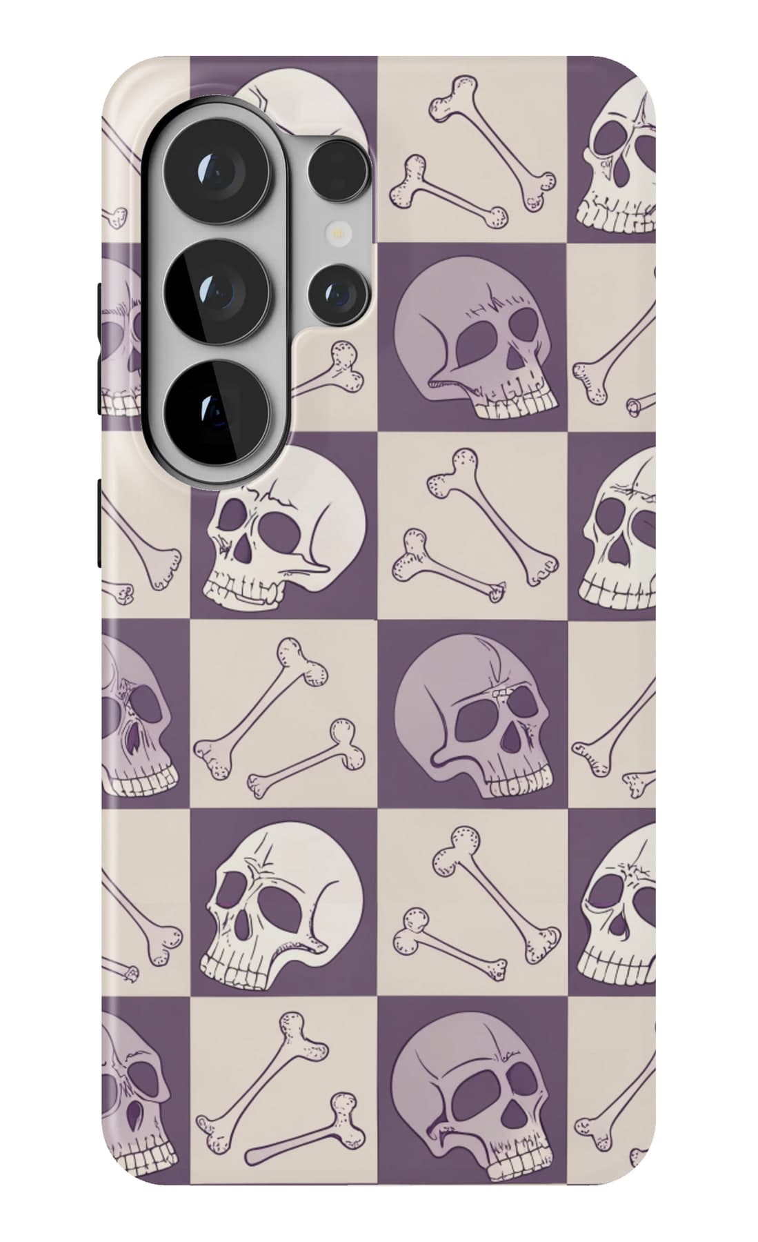 Skulls and bones on a purple check. Shown on a Galaxy.