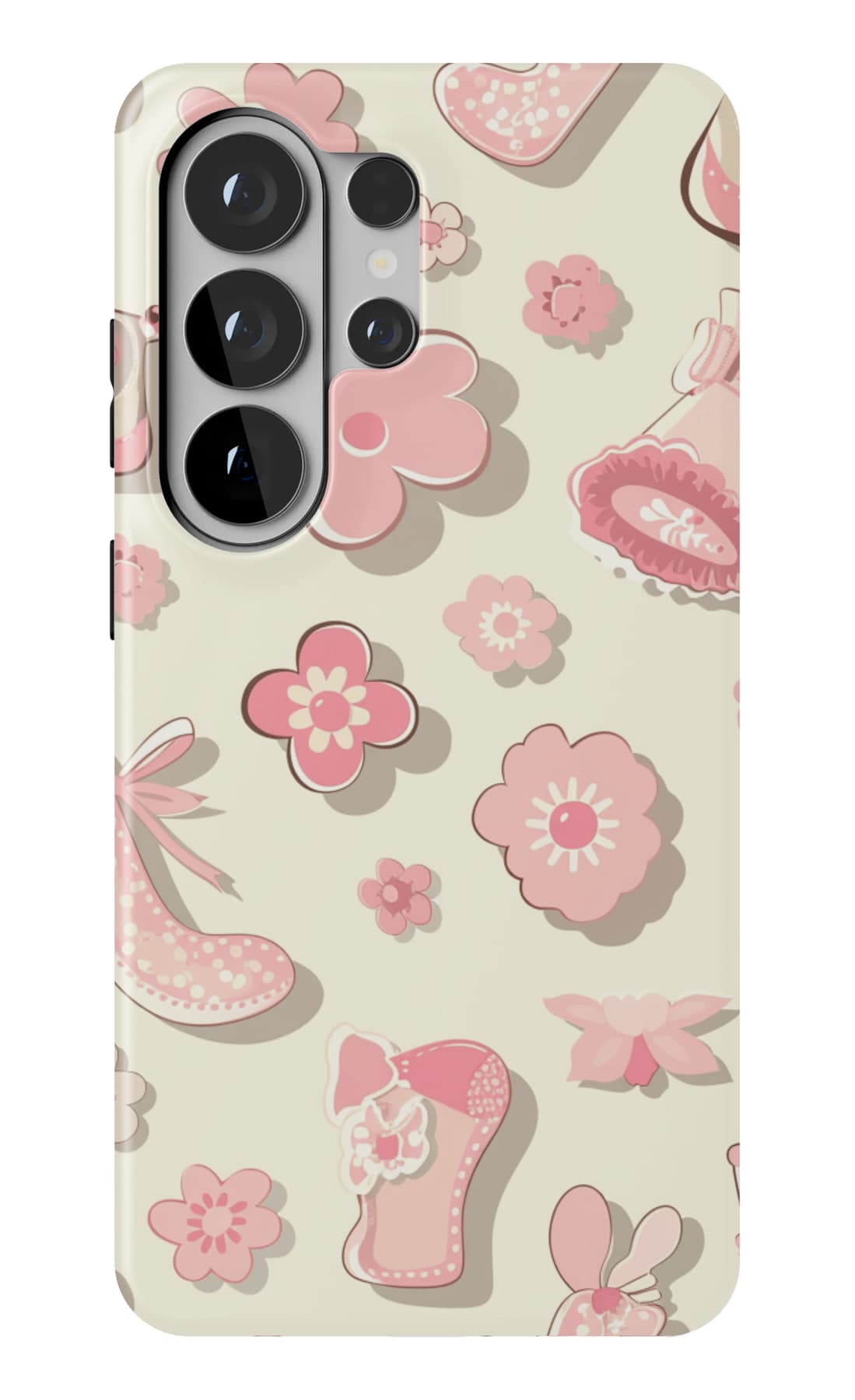 Pink bottles, rattles and hearts on cream. Shown on a Galaxy.