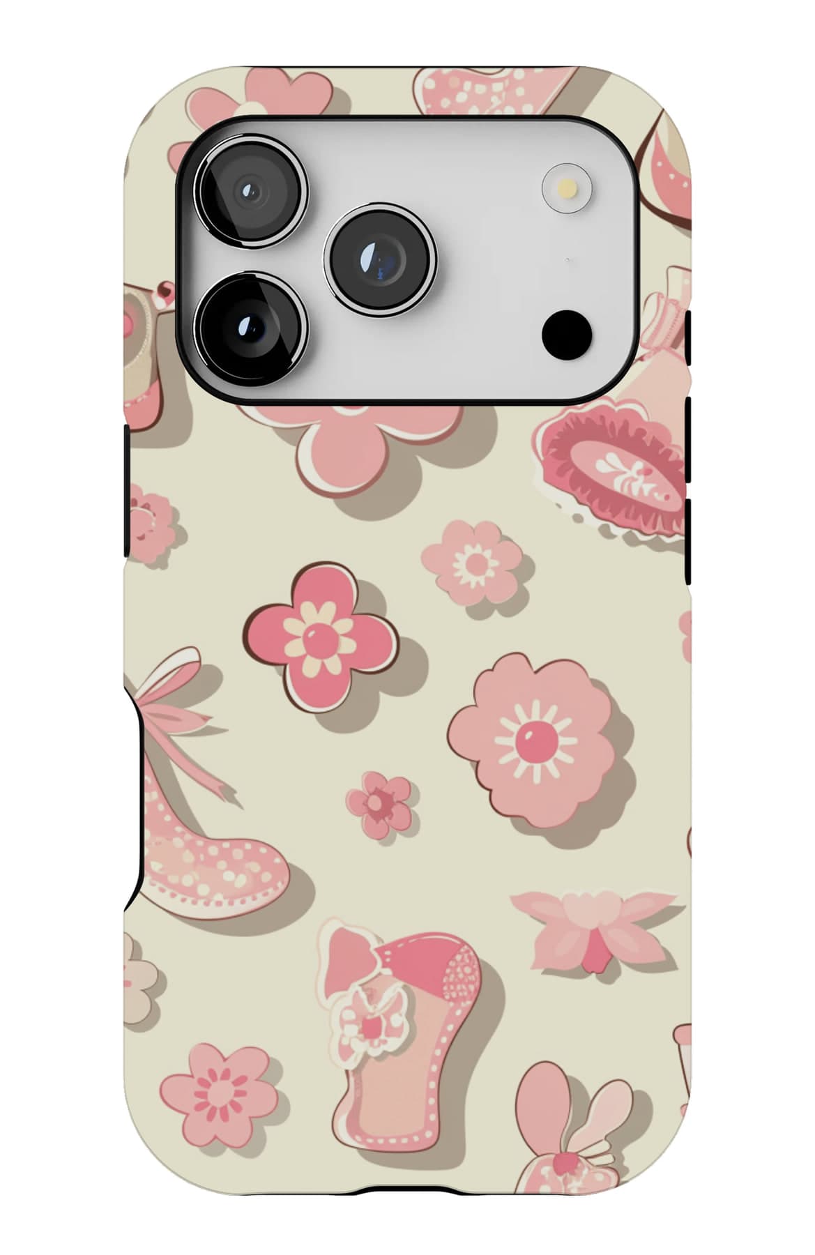 Pink bottles, rattles and hearts on cream. Shown on an iPhone.