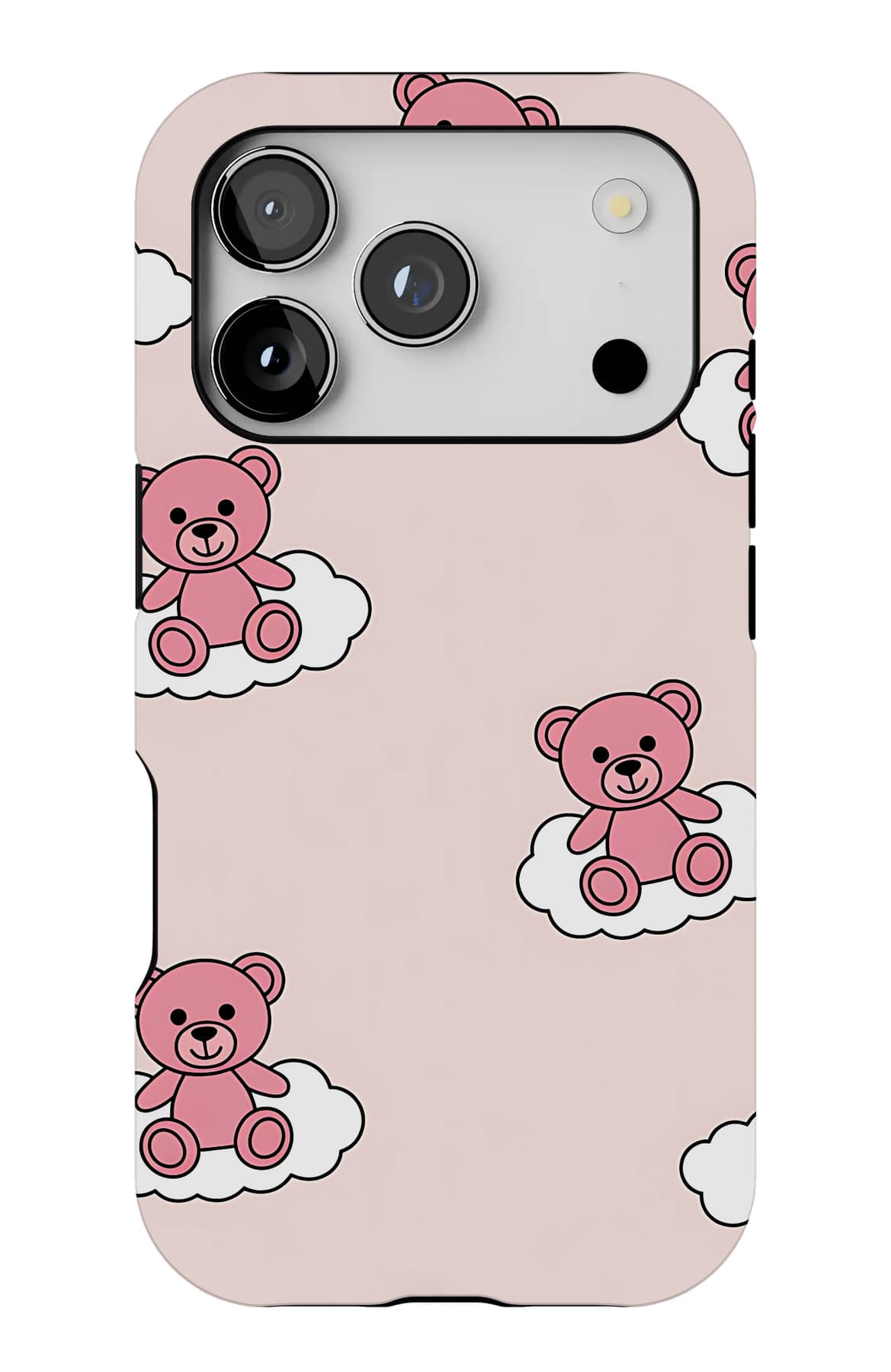 Teddies in bows on soft cream. Shown on an iPhone.