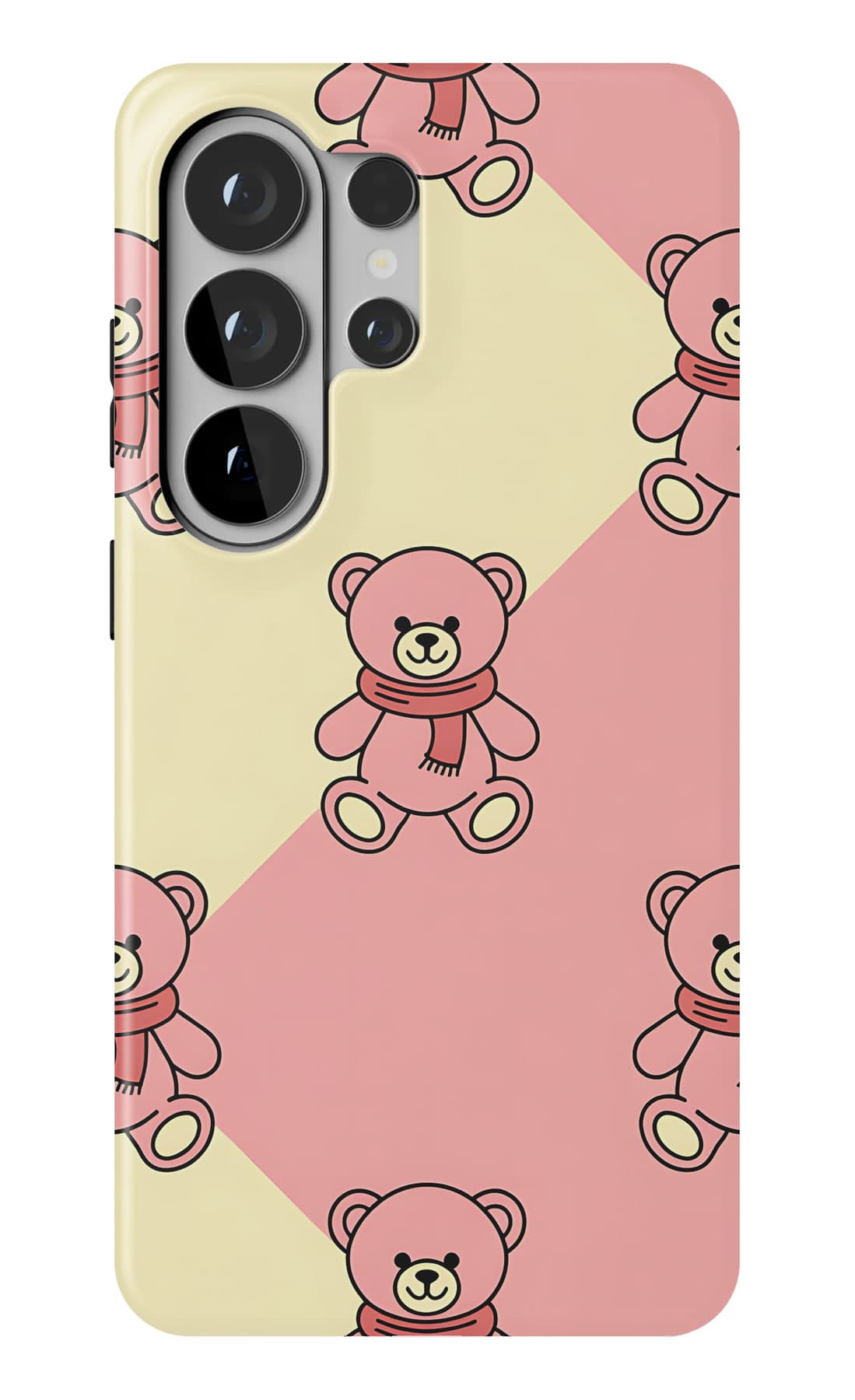 Teddies in bows on warm yellow. Shown on a Galaxy.