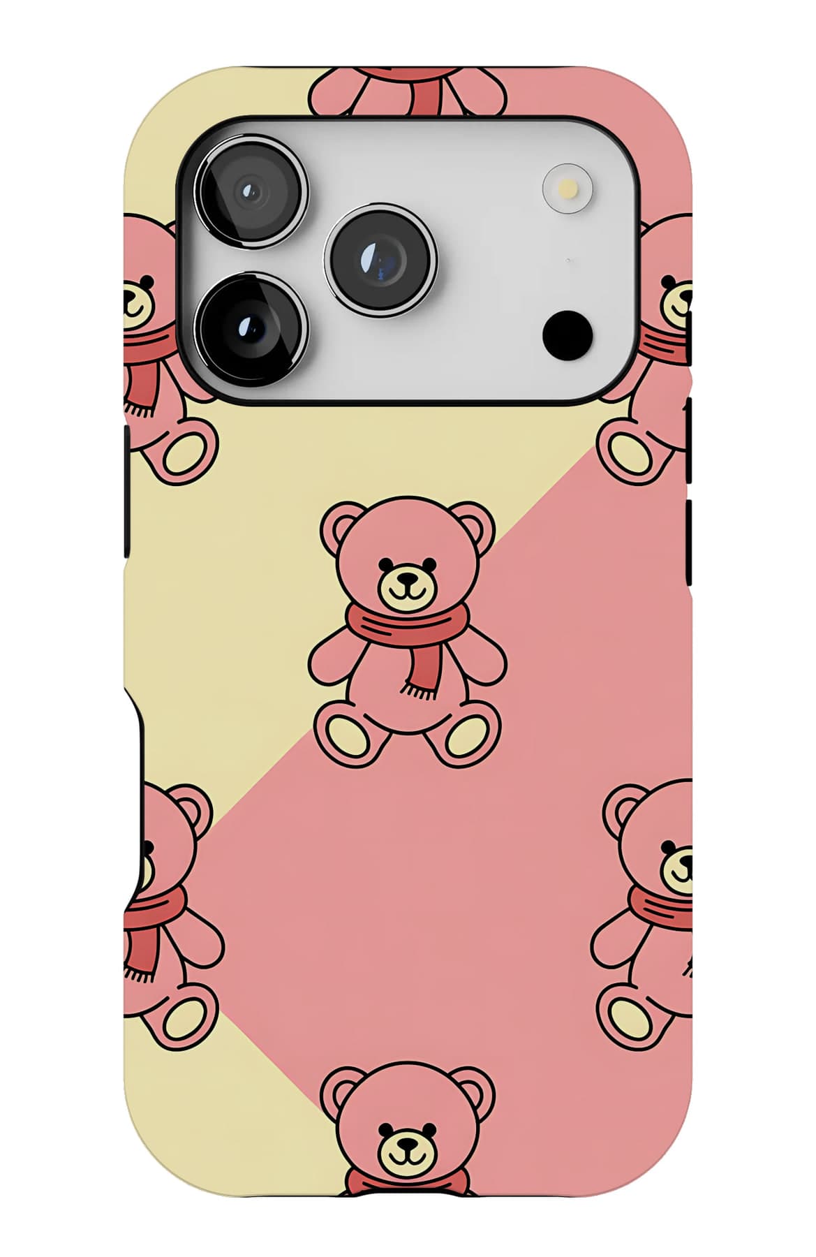 Teddies in bows on warm yellow. Shown on an iPhone.