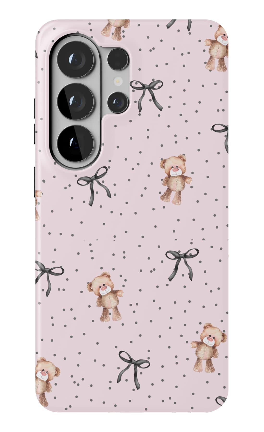 Black bows and small bears on pink. Shown on a Galaxy.