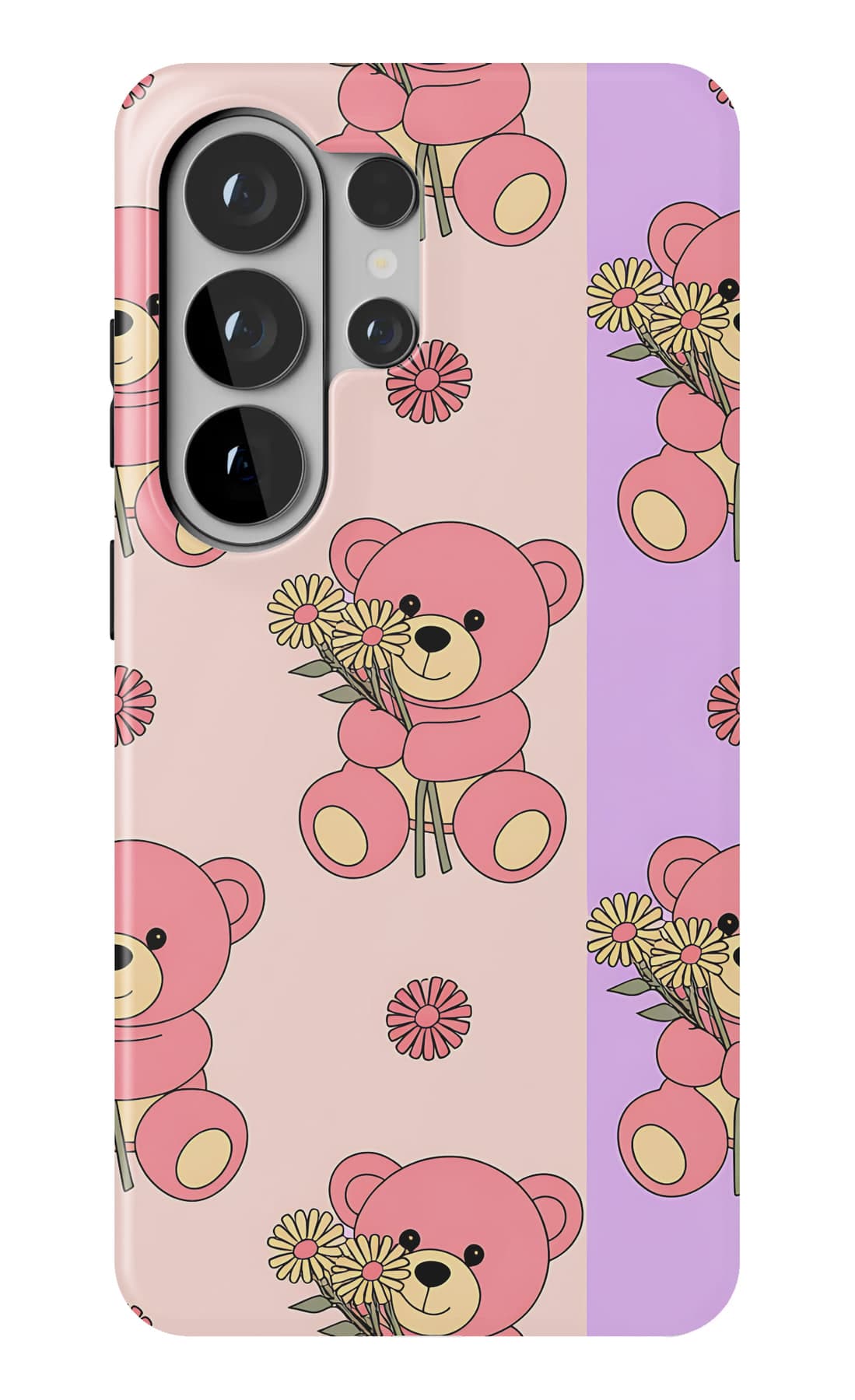 Teddies among white bubbles on lilac. Shown on a Galaxy.