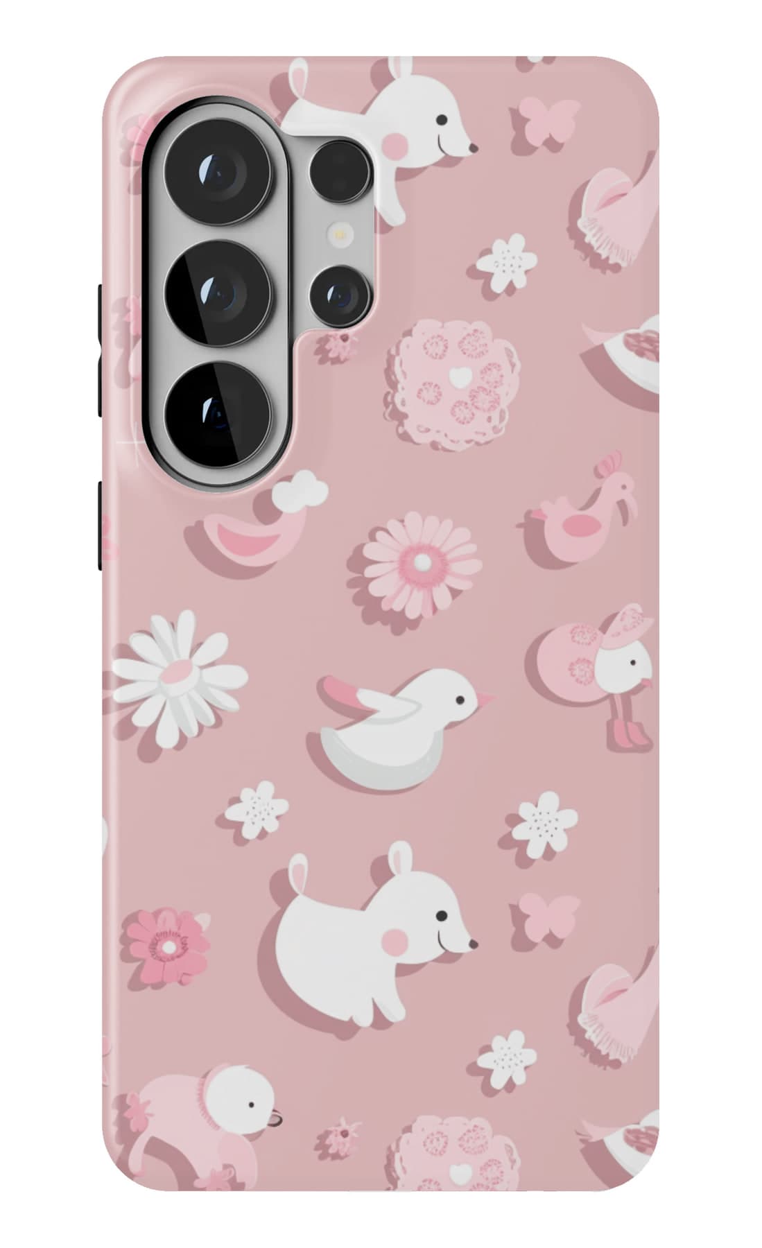 White bunnies drifting on pink. Shown on a Galaxy.
