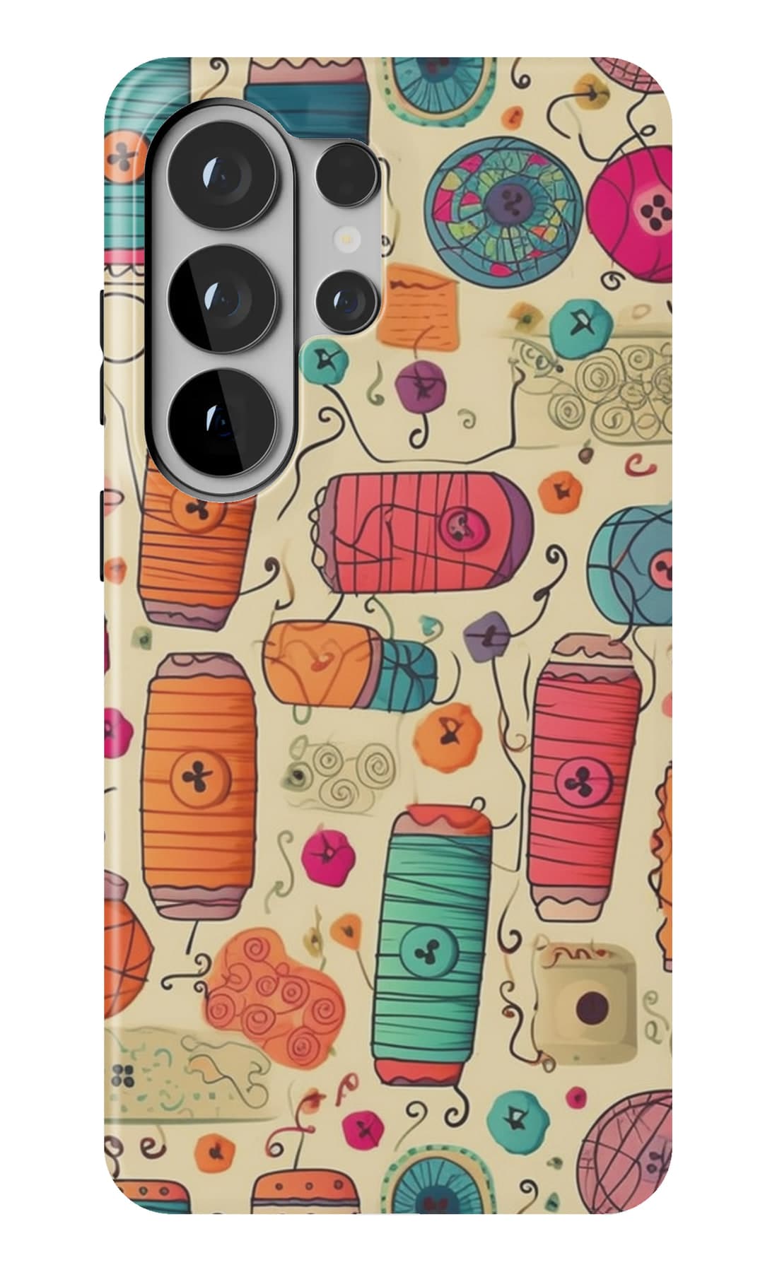 Buttons, reels and thimbles, tipped out. Shown on a Galaxy.
