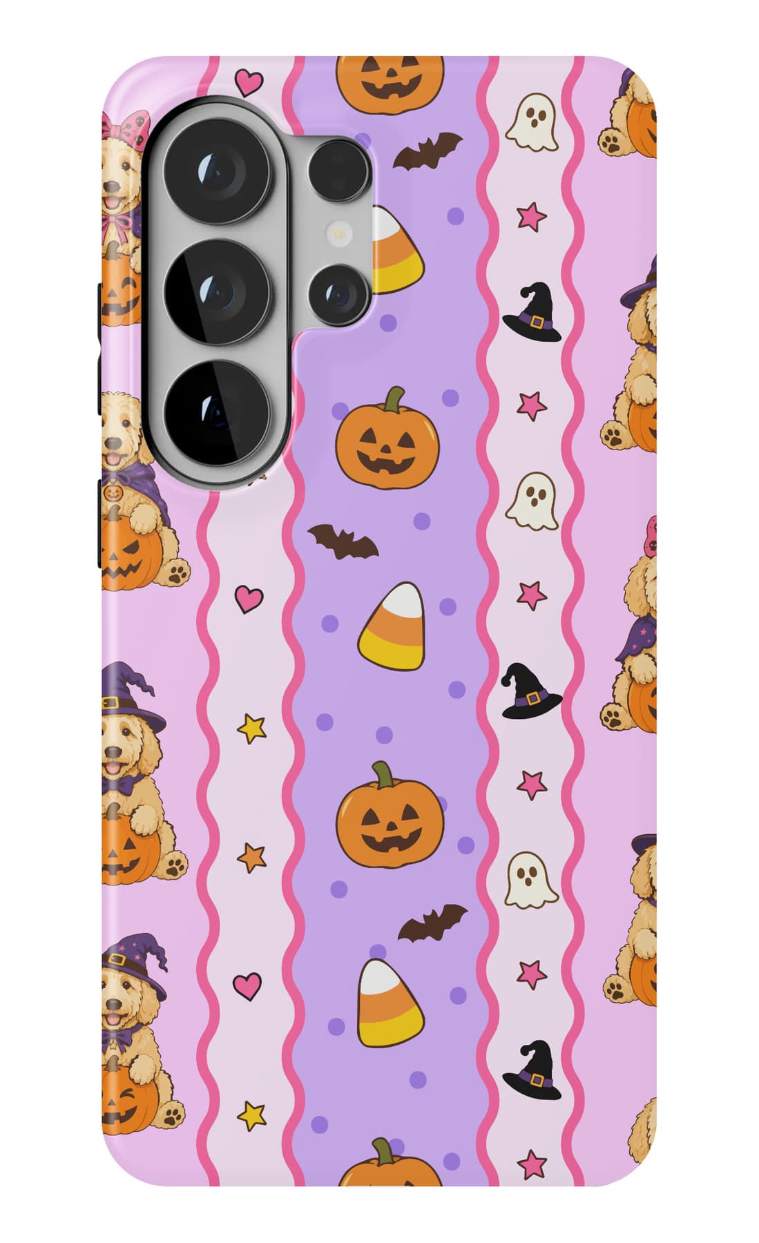 Pumpkins and candy corn on lilac stripes. Shown on a Galaxy.