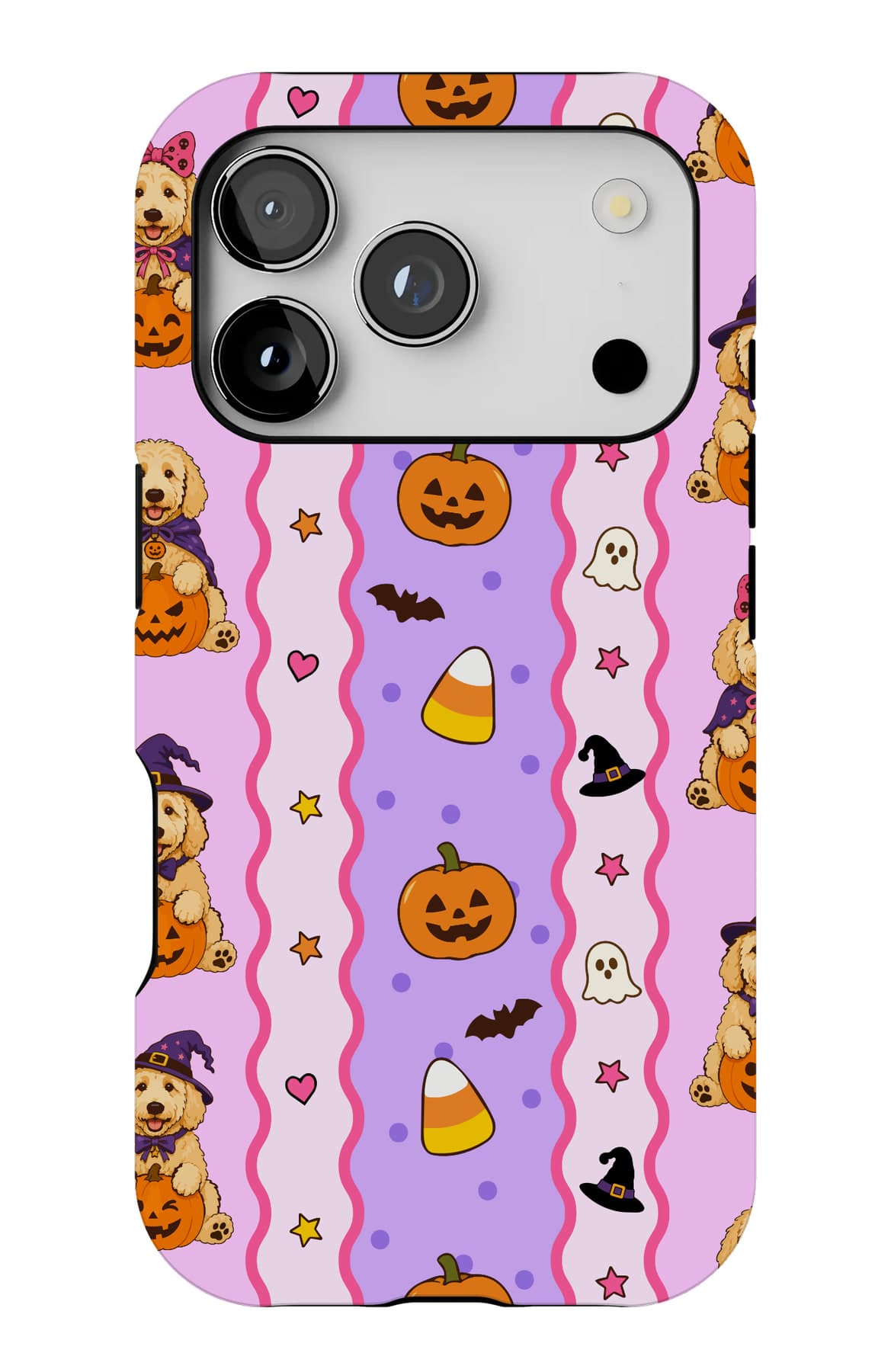 Pumpkins and candy corn on lilac stripes. Shown on an iPhone.