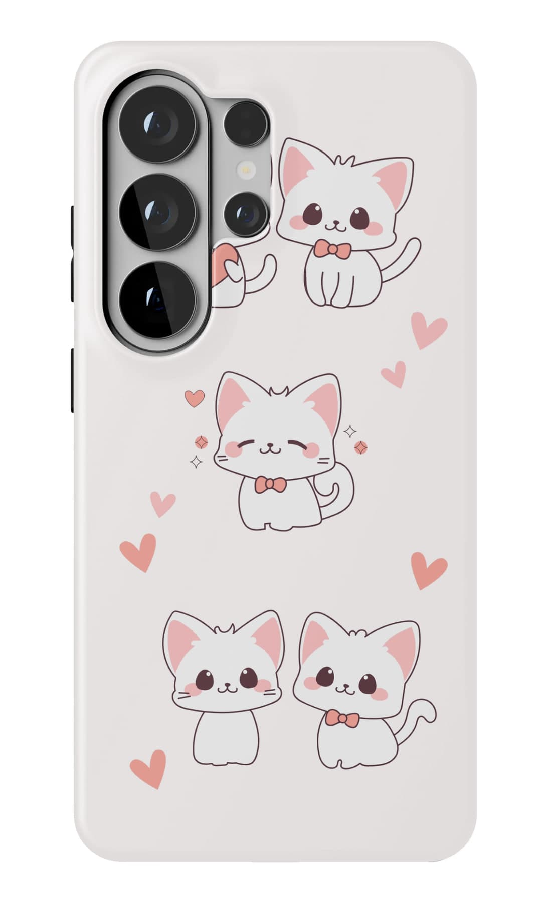 Pairs of cats, each with a heart between them. Shown on a Galaxy.