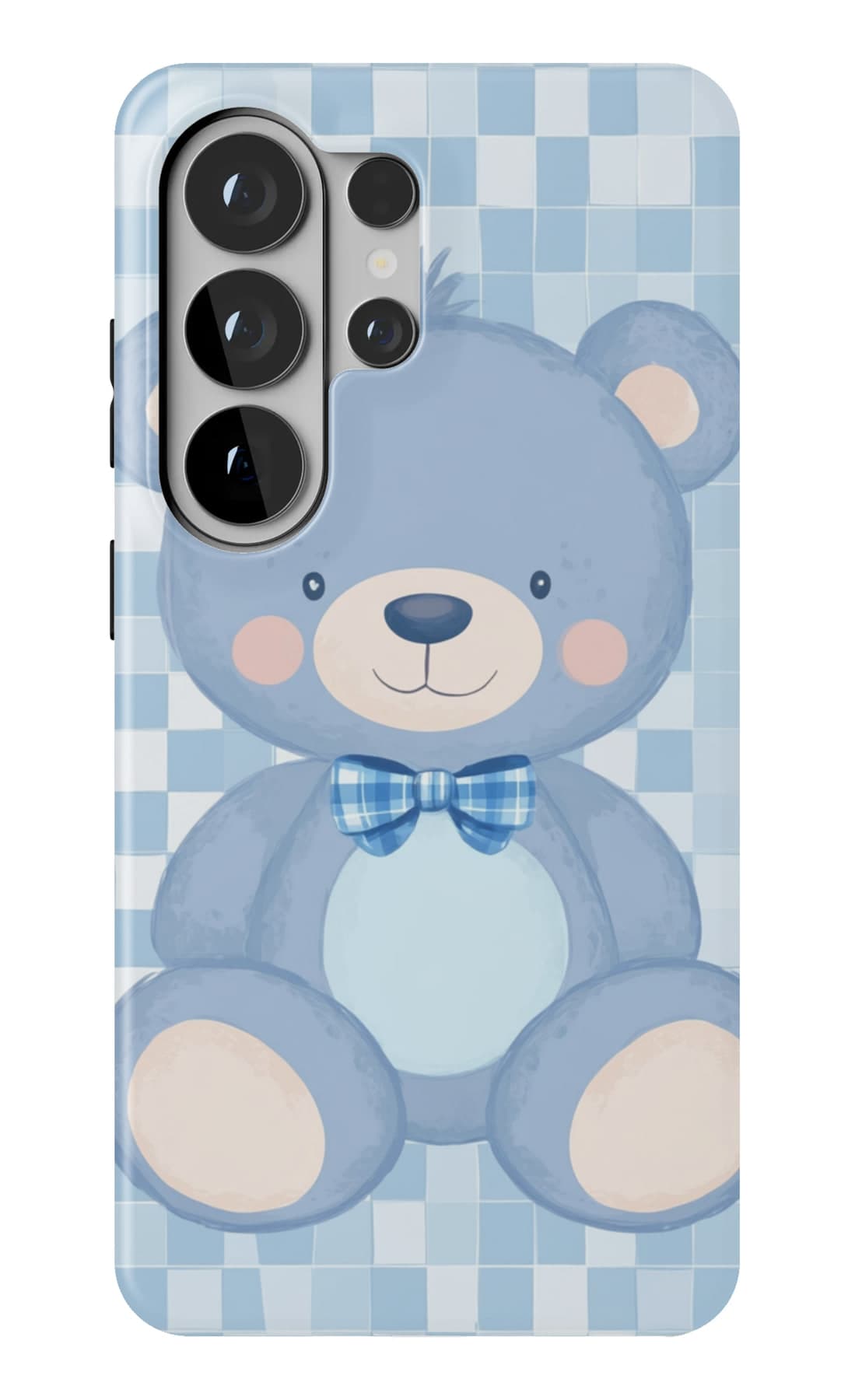 A blue teddy sitting on blue check. Shown on a Galaxy.