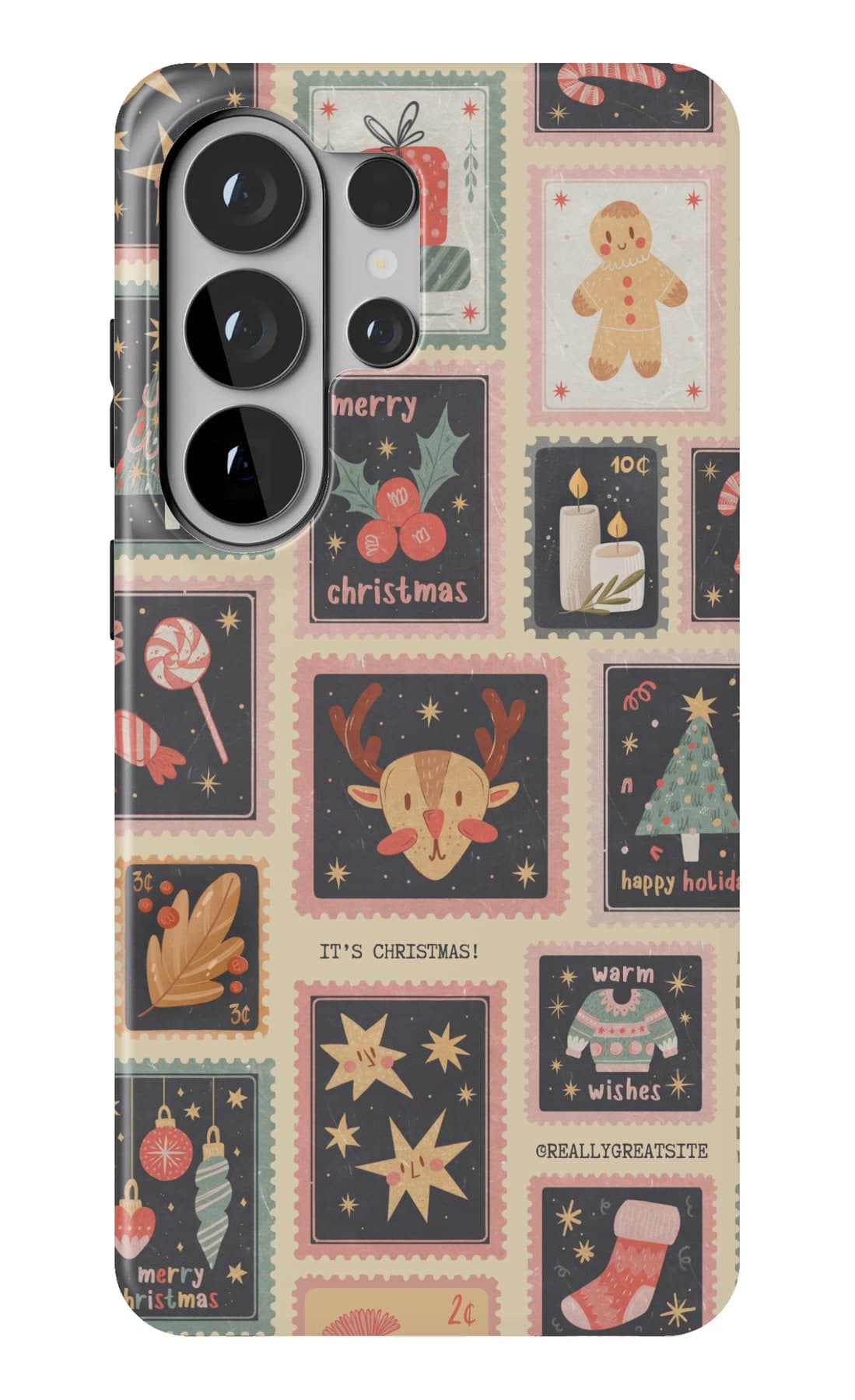 Christmas postage stamps set in a dark navy grid. Shown on a Galaxy.