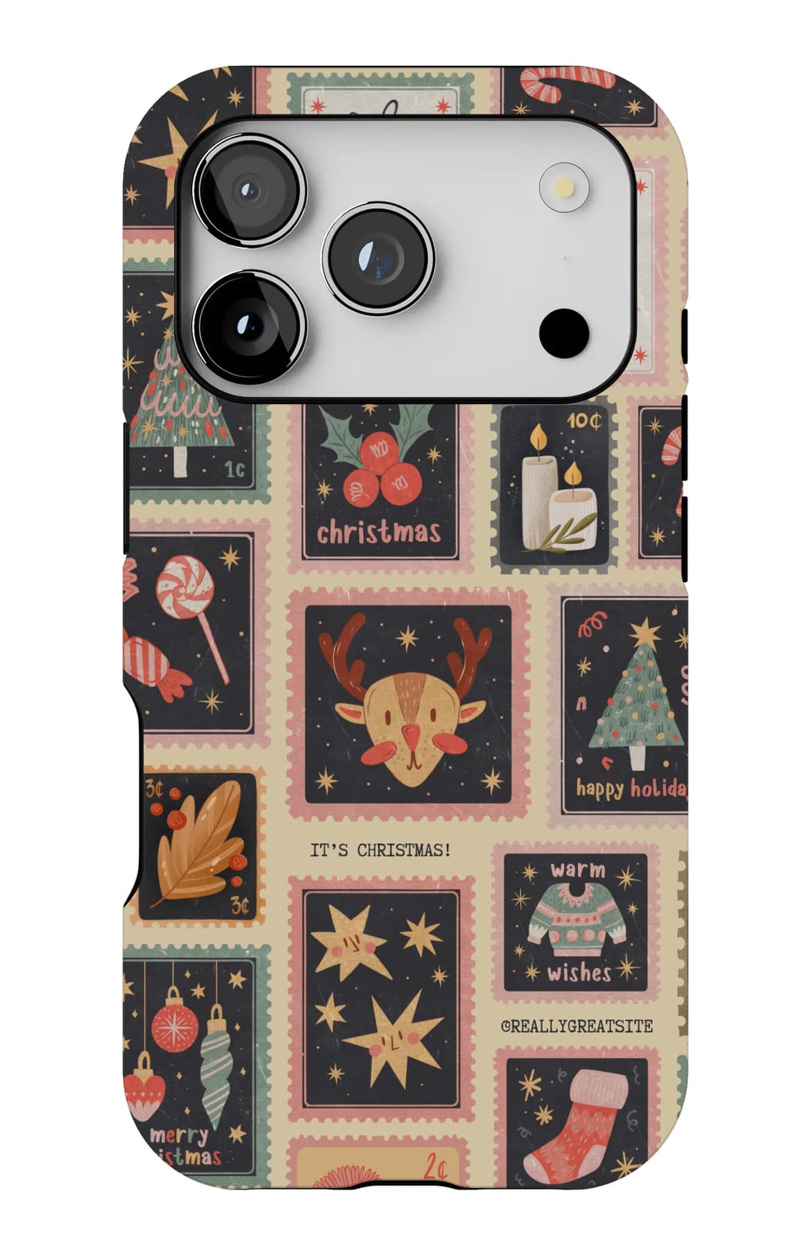 Christmas postage stamps set in a dark navy grid. Shown on an iPhone.