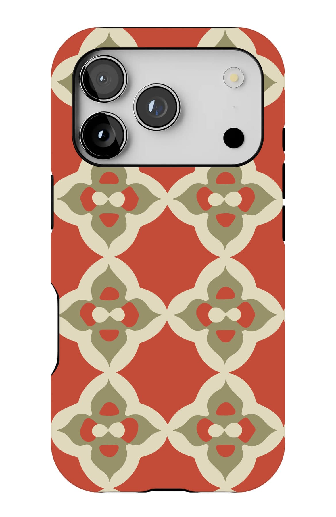 Florets set in a diamond lattice on clay red. Shown on an iPhone.