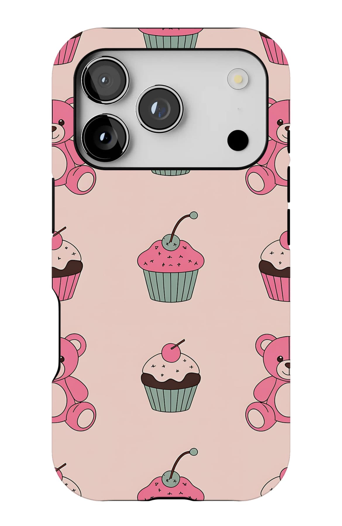 Teddies sitting on clouds, on pink. Shown on an iPhone.