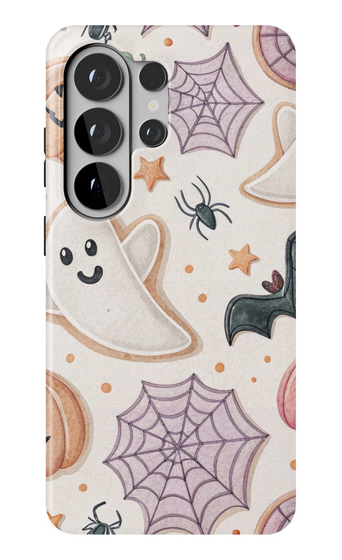 Ghosts and pumpkins caught in cobwebs. Shown on a Galaxy.