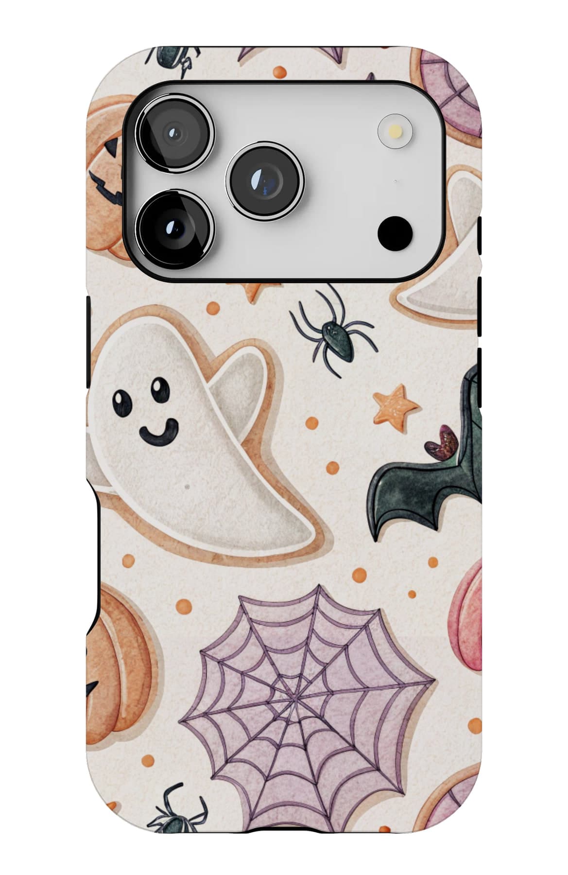 Ghosts and pumpkins caught in cobwebs. Shown on an iPhone.