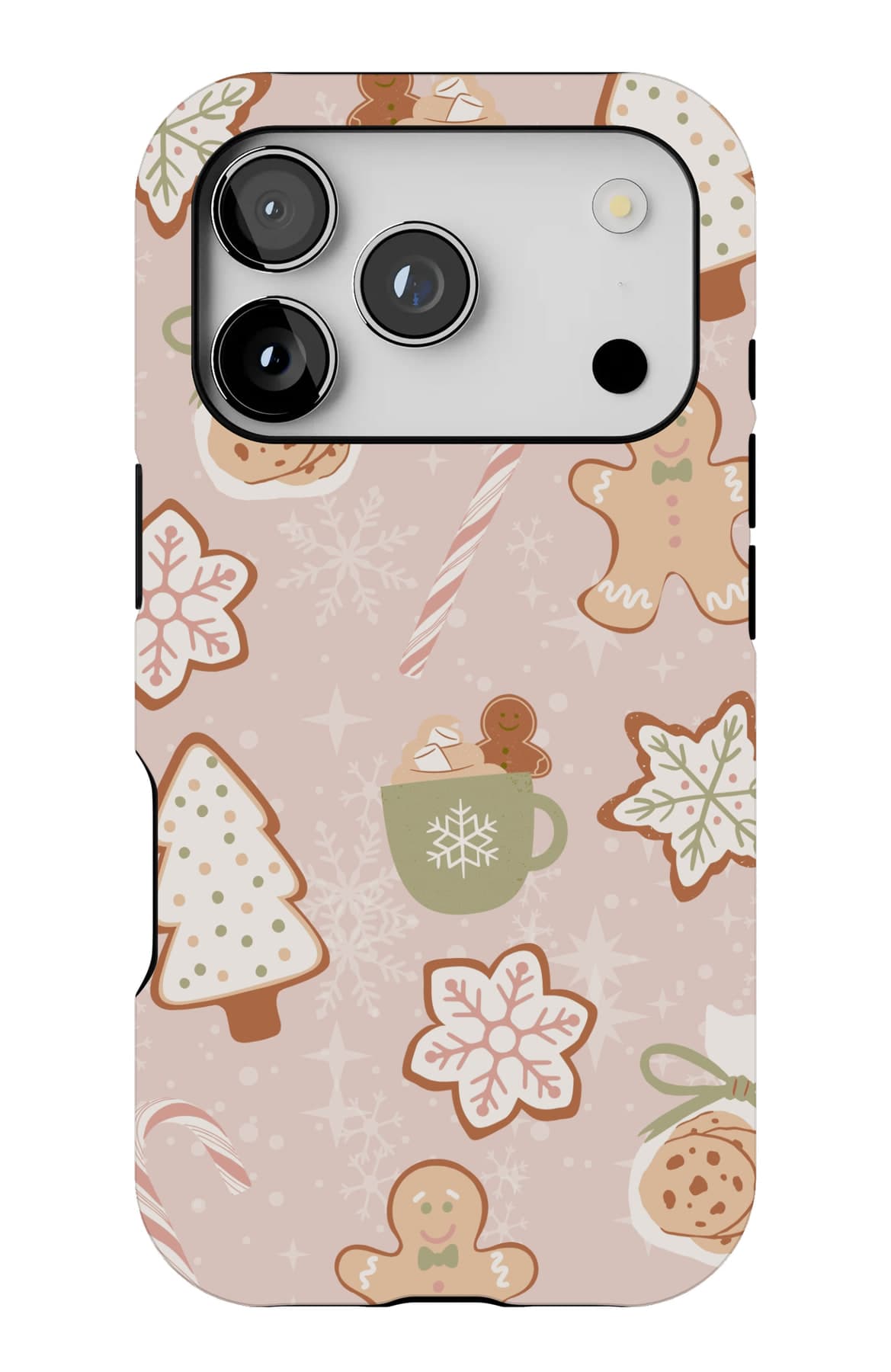 Cocoa, gingerbread and candy canes on cream. Shown on an iPhone.
