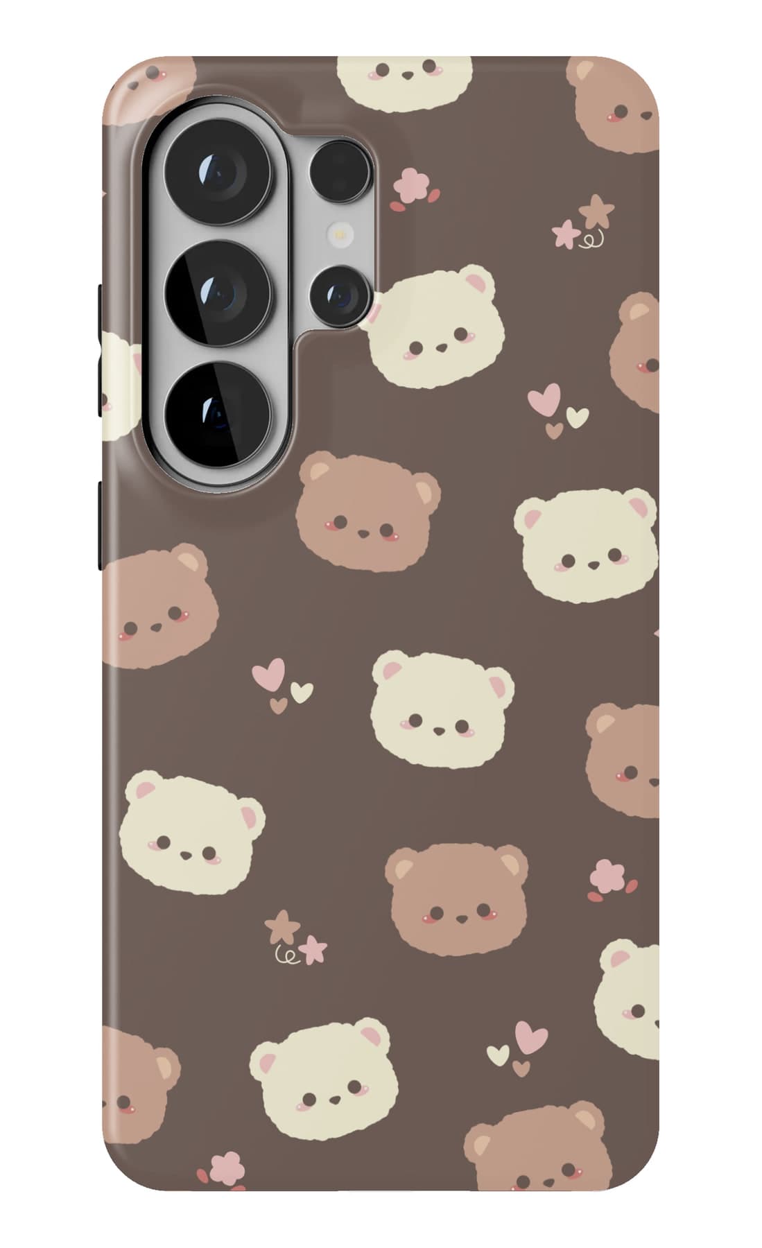 Small bear faces on deep cocoa brown. Shown on a Galaxy.