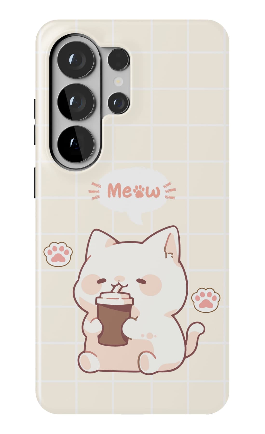 A cat with a cold drink, on a cream grid. Shown on a Galaxy.