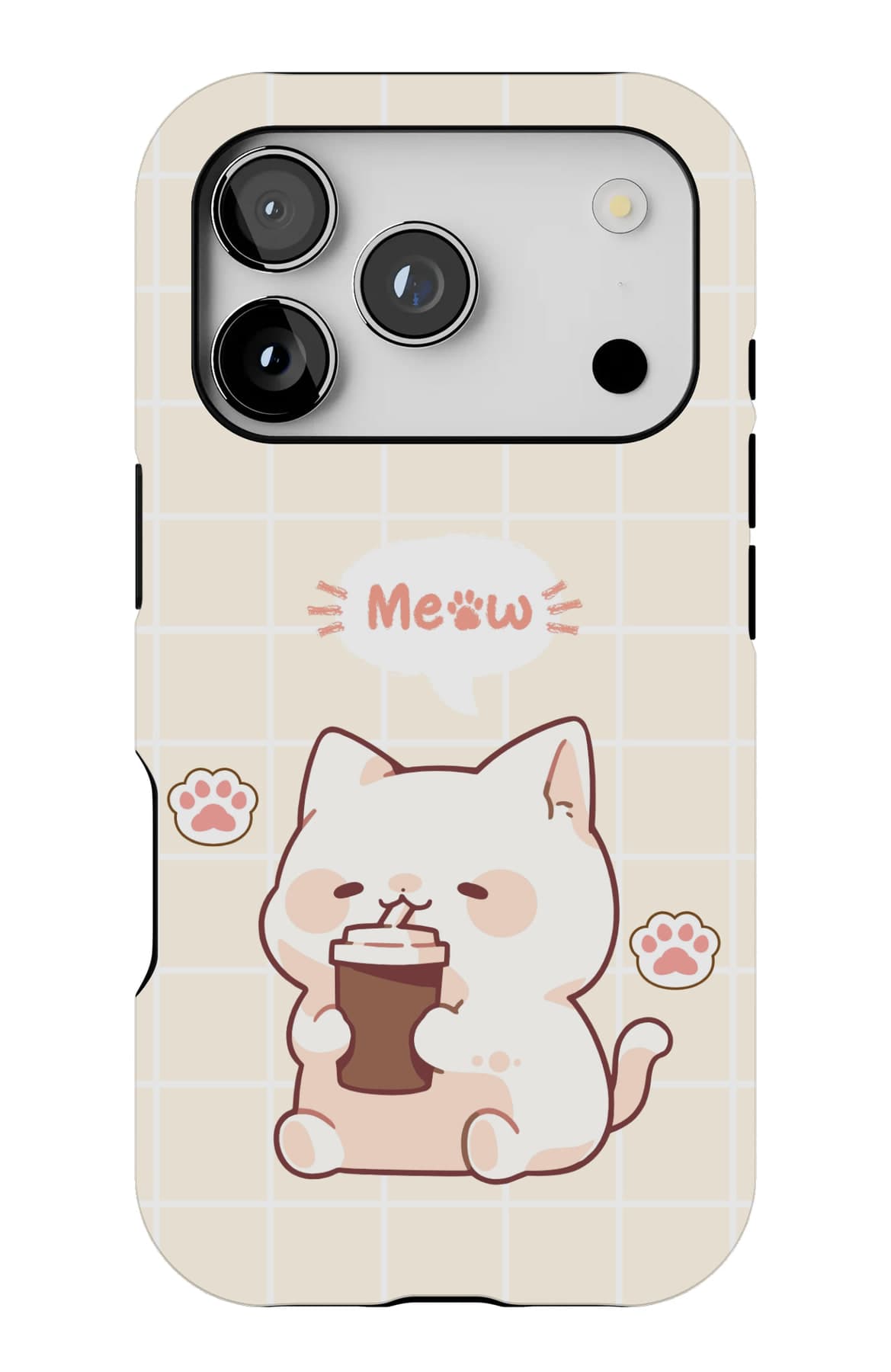 A cat with a cold drink, on a cream grid. Shown on an iPhone.