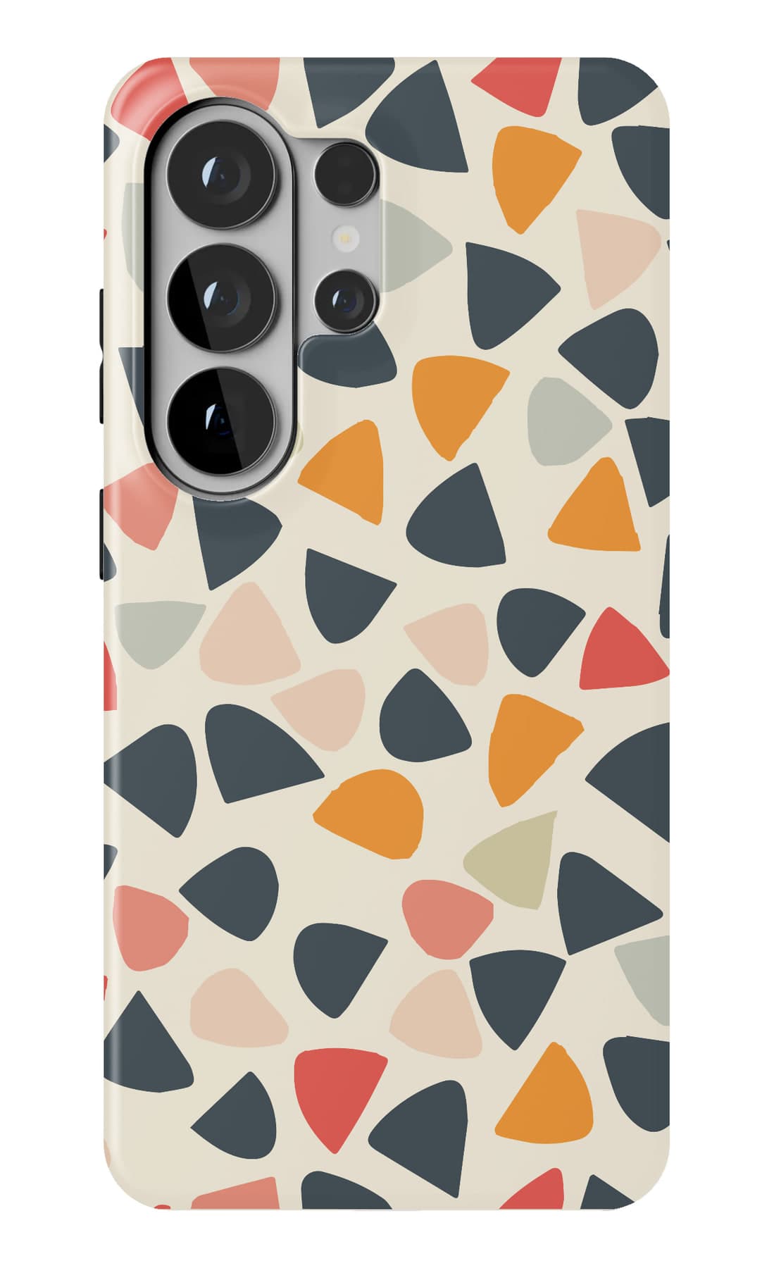 Scattered triangles and quarter circles on cream. Shown on a Galaxy.