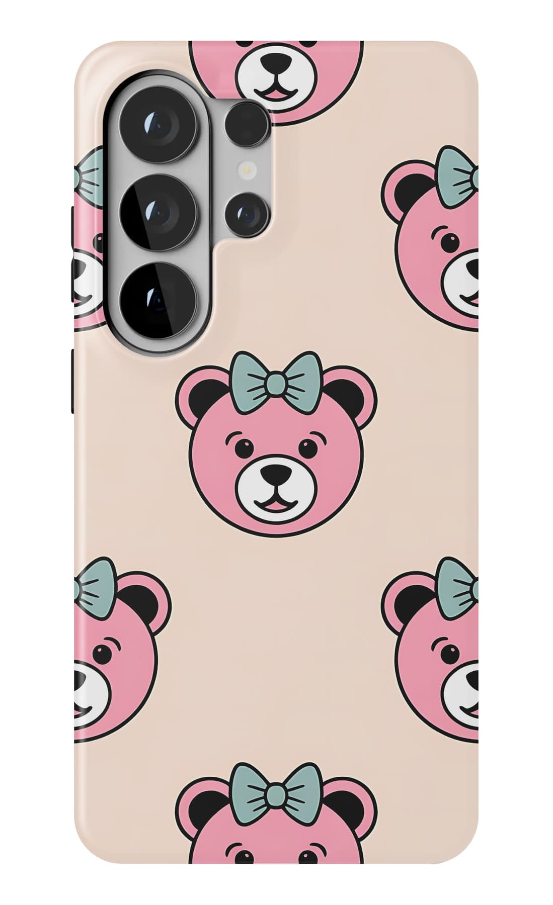 Teddies holding hearts, on cream. Shown on a Galaxy.