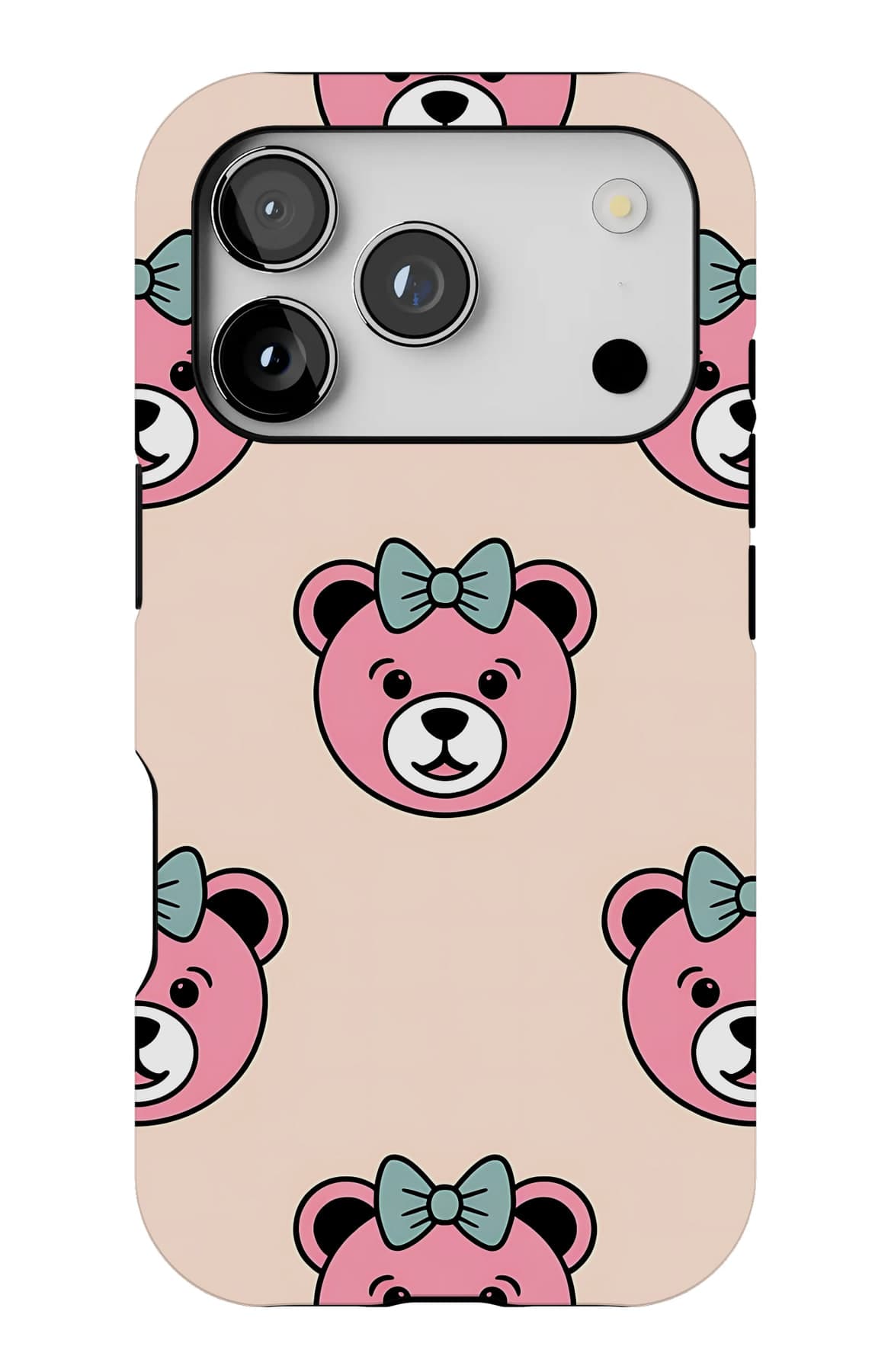 Teddies holding hearts, on cream. Shown on an iPhone.