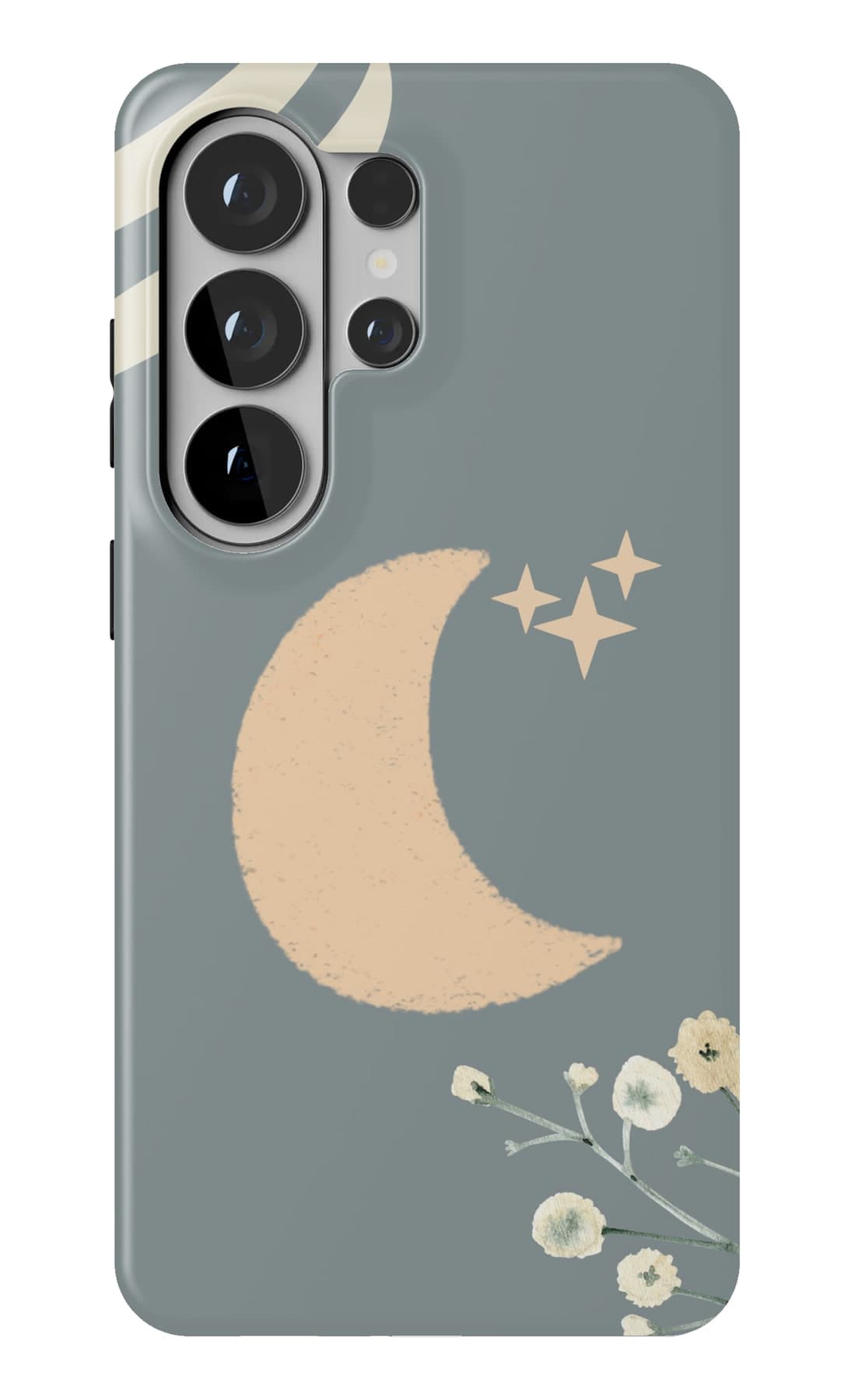 A crescent moon and a dandelion on blue-grey. Shown on a Galaxy.